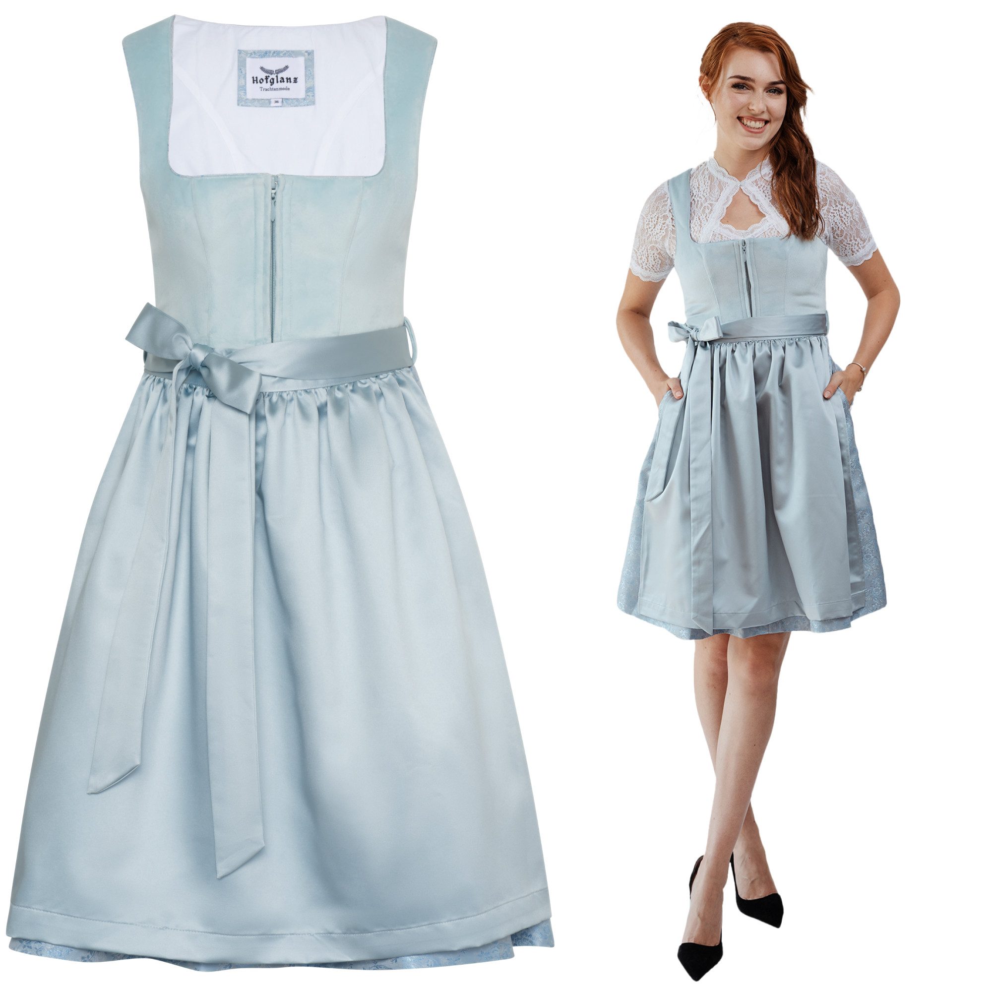 Dirndl Dirndl Damen Samt hellblau, 2-tlg Trachten Midi-Kleid mit Schürze