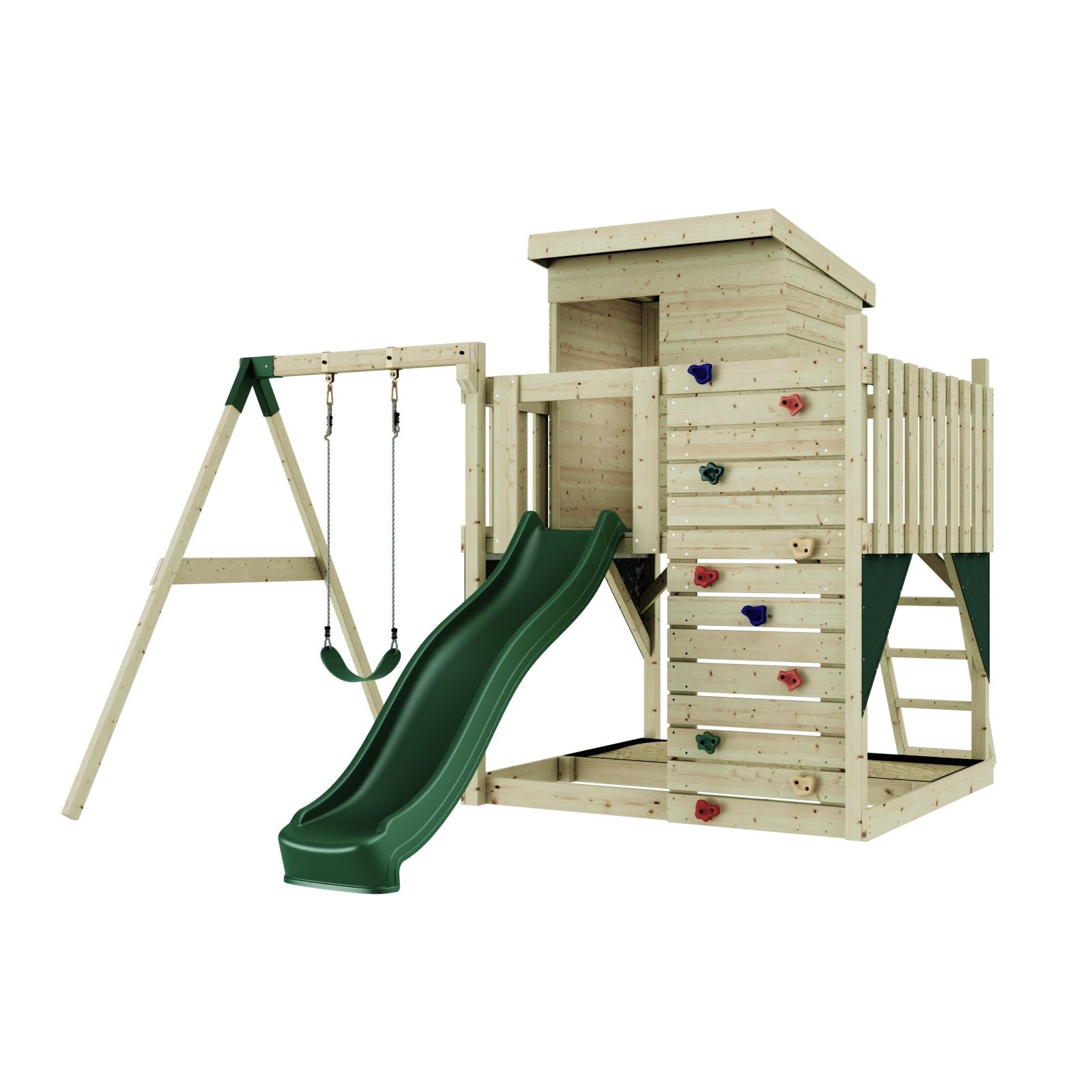 OutdoorToys Spielturm Alma, aus Holz in Dunkelgrün mit Kinderschaukel & Rutsche, Kletterwand