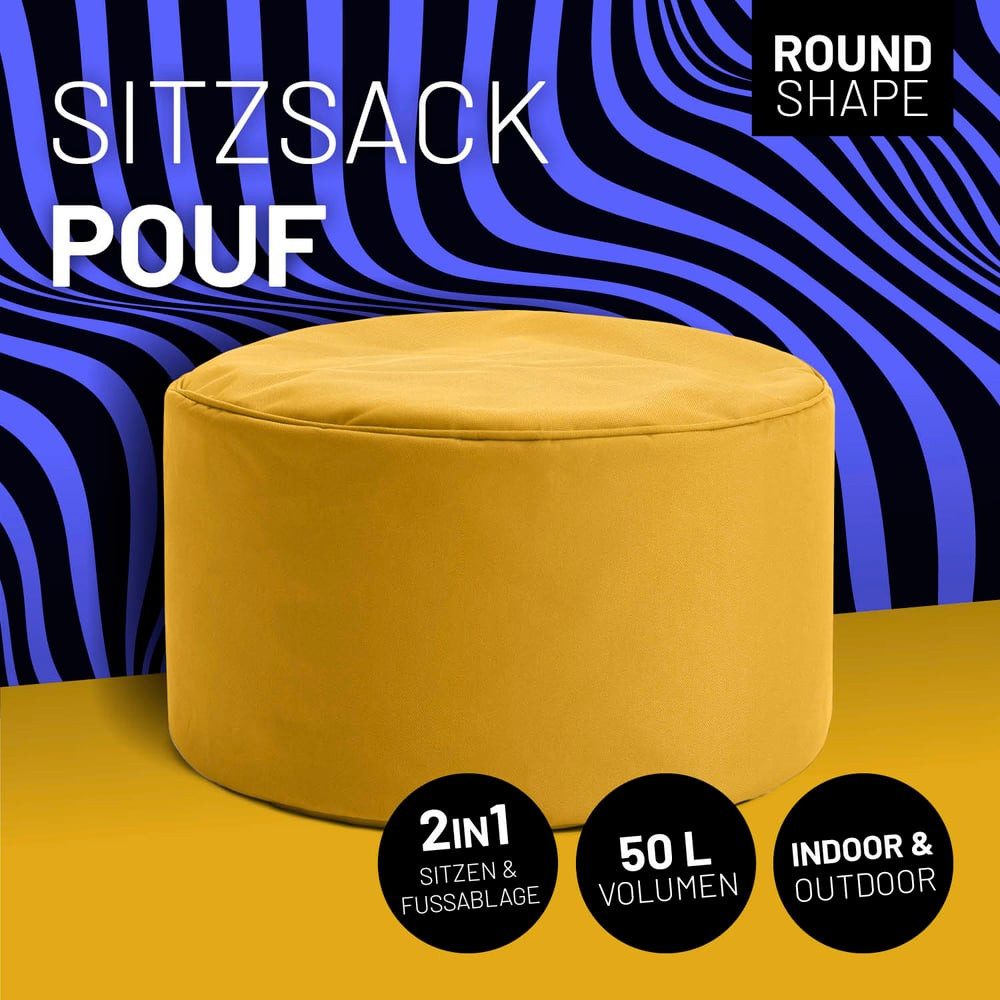 Lumaland Sitzsack Sitzsack-Hocker Pouf rund Cord 50l senfgelb, supersofte Füllung EPS-Perlen – Bild 2 von 5