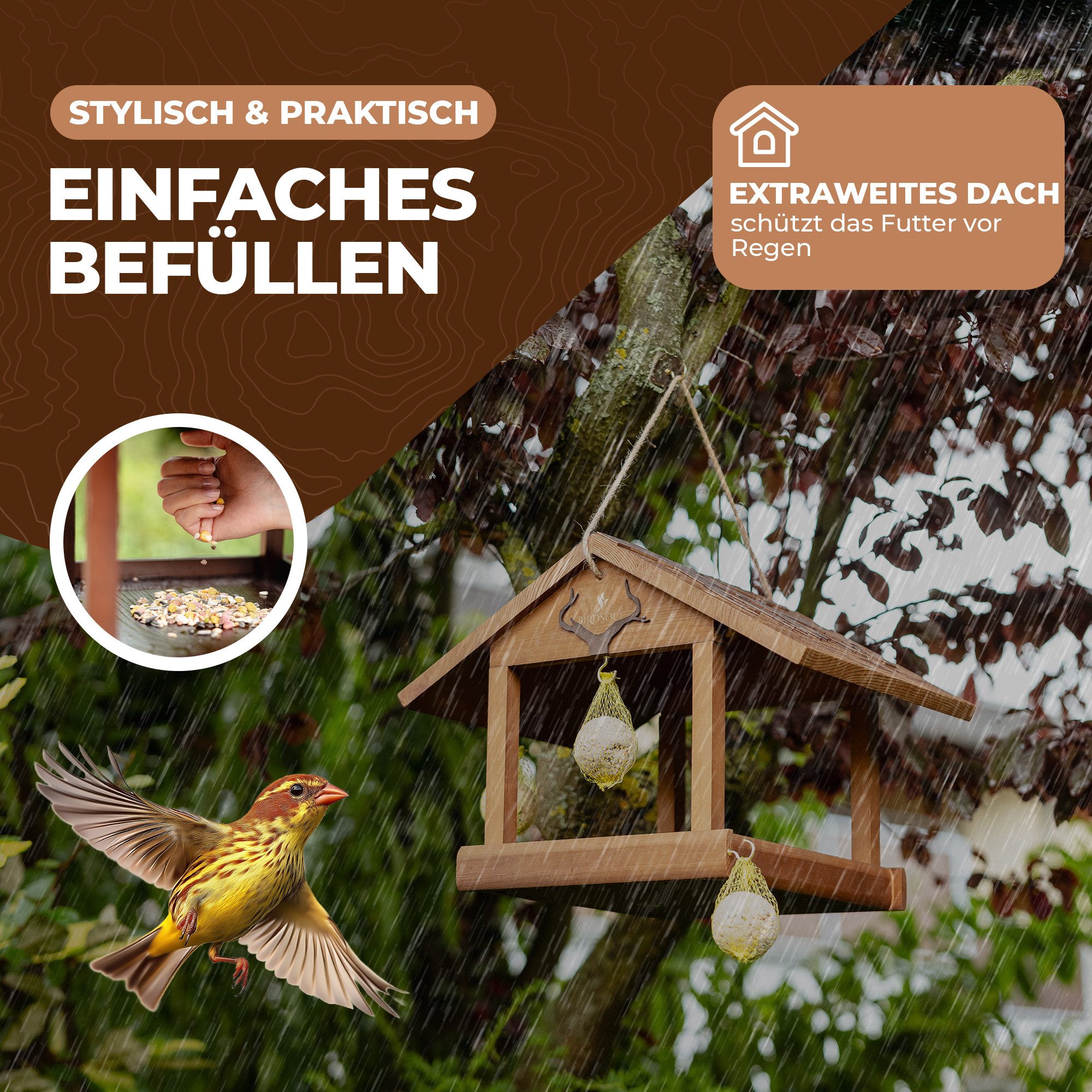 BIRDSOUL Vogelhaus Forest, Wasserableitendes Design und mit hochwertiger, handwerklicher Optik.