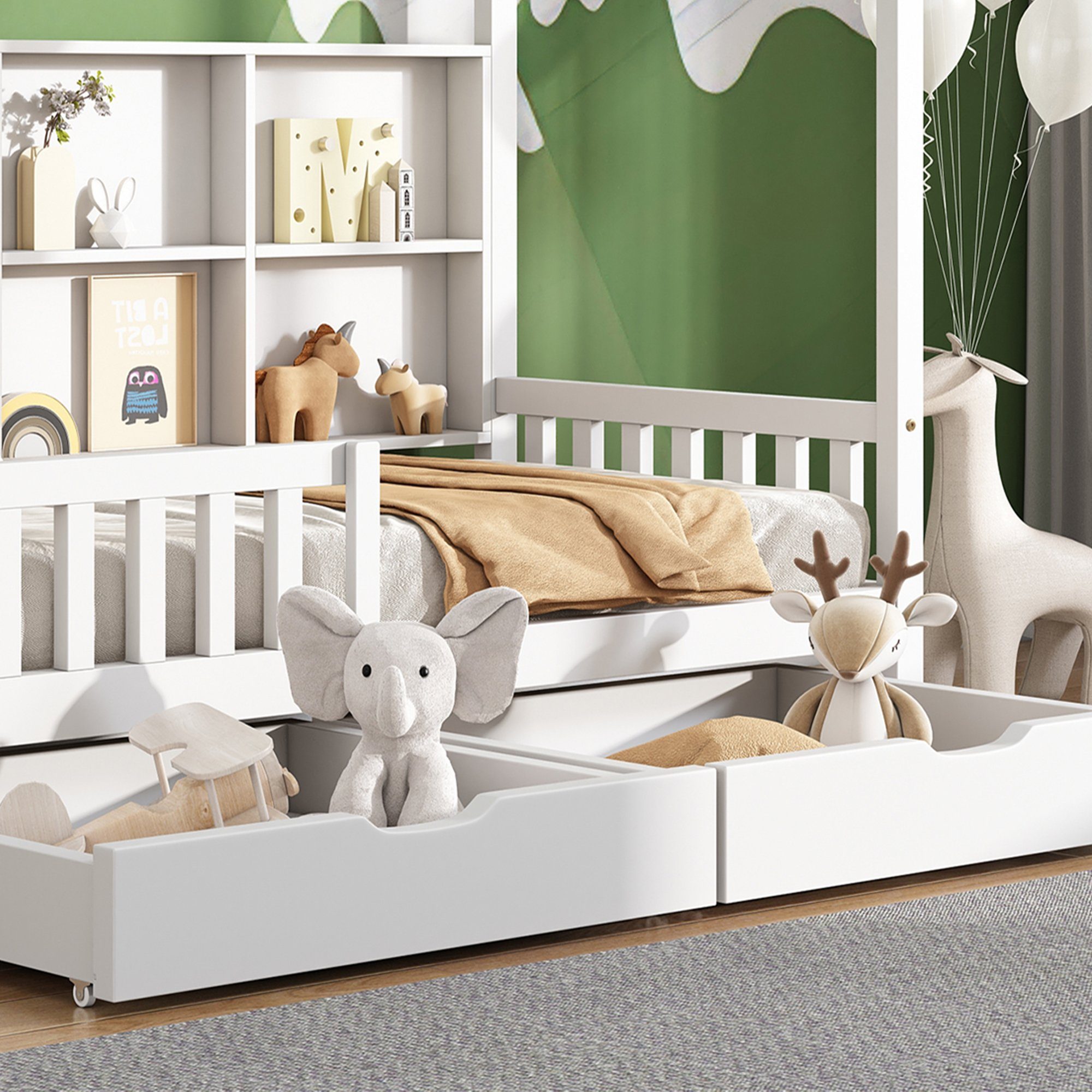 Kinderbett (90x200 Lattenrost Schubladen und inkl. SOFTWEARY Rausfallschutz, mit Einzelbett Kiefer Hausbett cm), 2