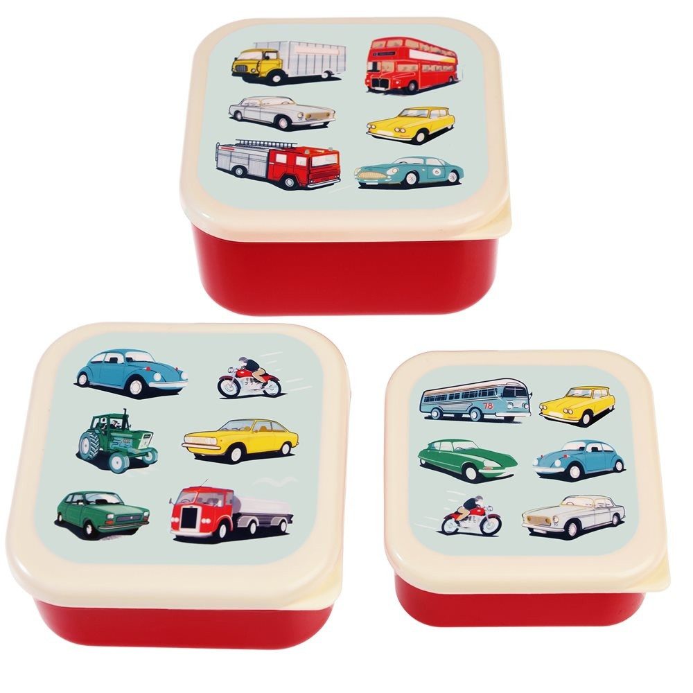 Rex London Lunchbox Snack Box 3er Set Road Trip Fahrzeuge Autos, Kunststoff, BPA-frei, (Set, 3-tlg., ca. 11,5 x 11,5 x 5,5 cm (große Box), jede Box mit eigenem Design, passt genau in den größeren Behälter