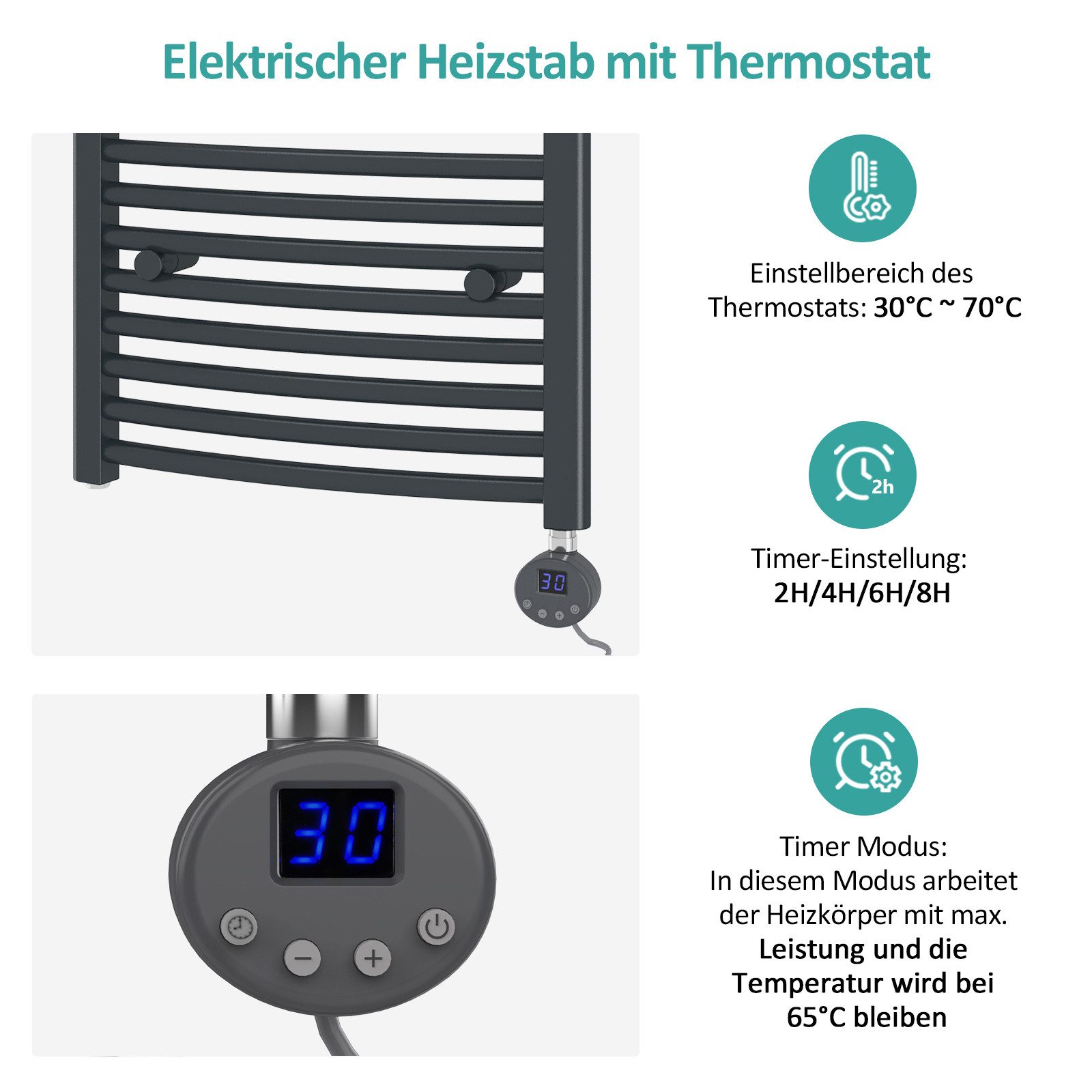 EMKE Elektrischer Badheizkörper Anthrazit 140x40cm 500W, mit Thermostat LCD Display Timing Funktion gebogene Form