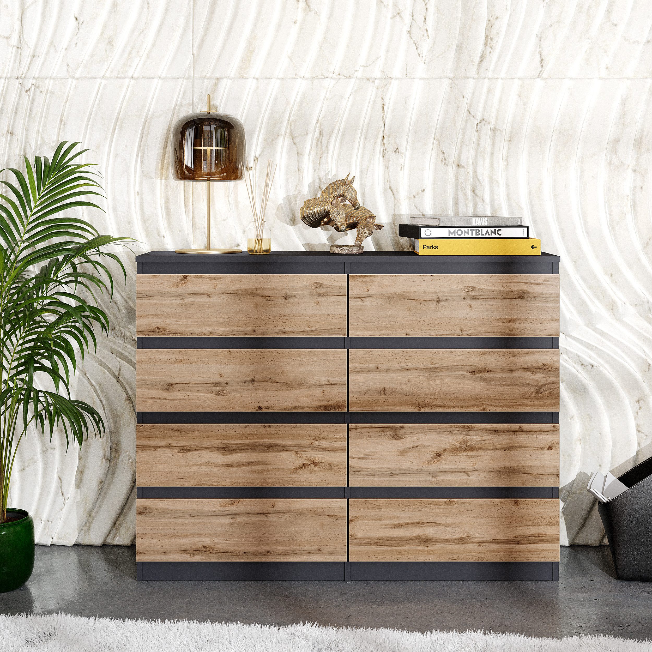 Furnica Kommode Sideboard mit 8 Schubladen Anthrazit/Wotan Eiche B120cm H92cm T33cm