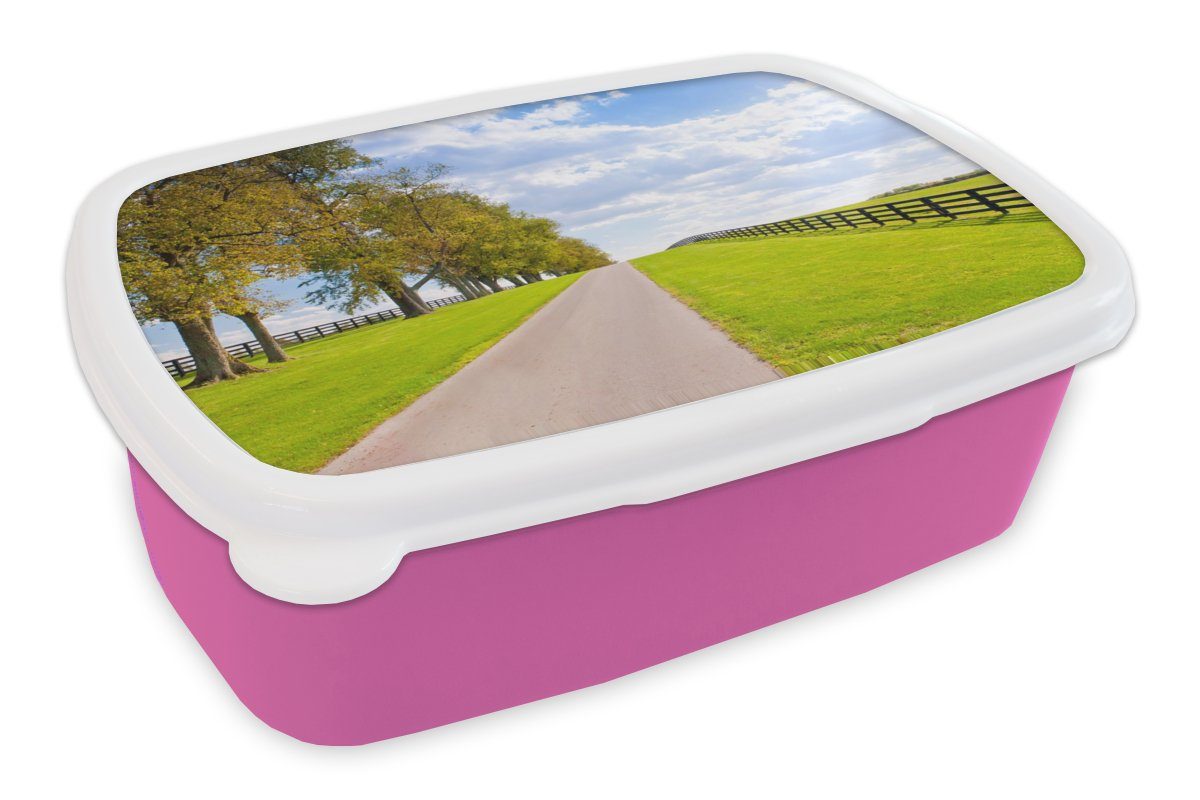 MuchoWow Lunchbox Wolken - Bäume Straße, Erwachsene, Brotbox Mädchen, Brotdose Kunststoff, Kinder, rosa Kunststoff (2-tlg), - für Snackbox