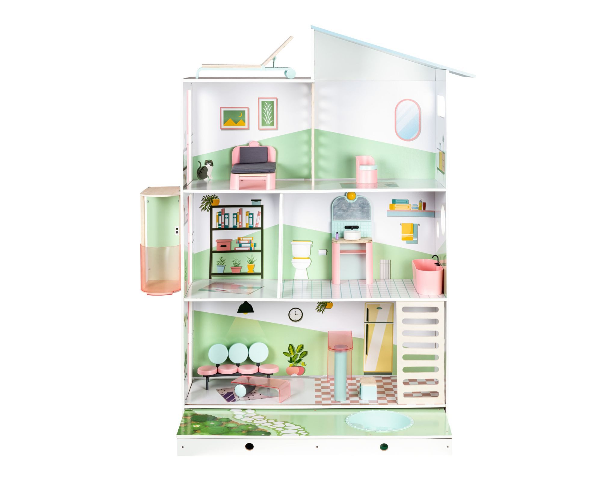 Playtive Puppenhaus Puppenvilla Kinder Puppenhaus 3 Etagen 13-teilig aus Holz ab 3 Jahren, (Set, 13-tlg), mit beweglichem Aufzug, inkl. Pool, Dachterasse und Vorgarten