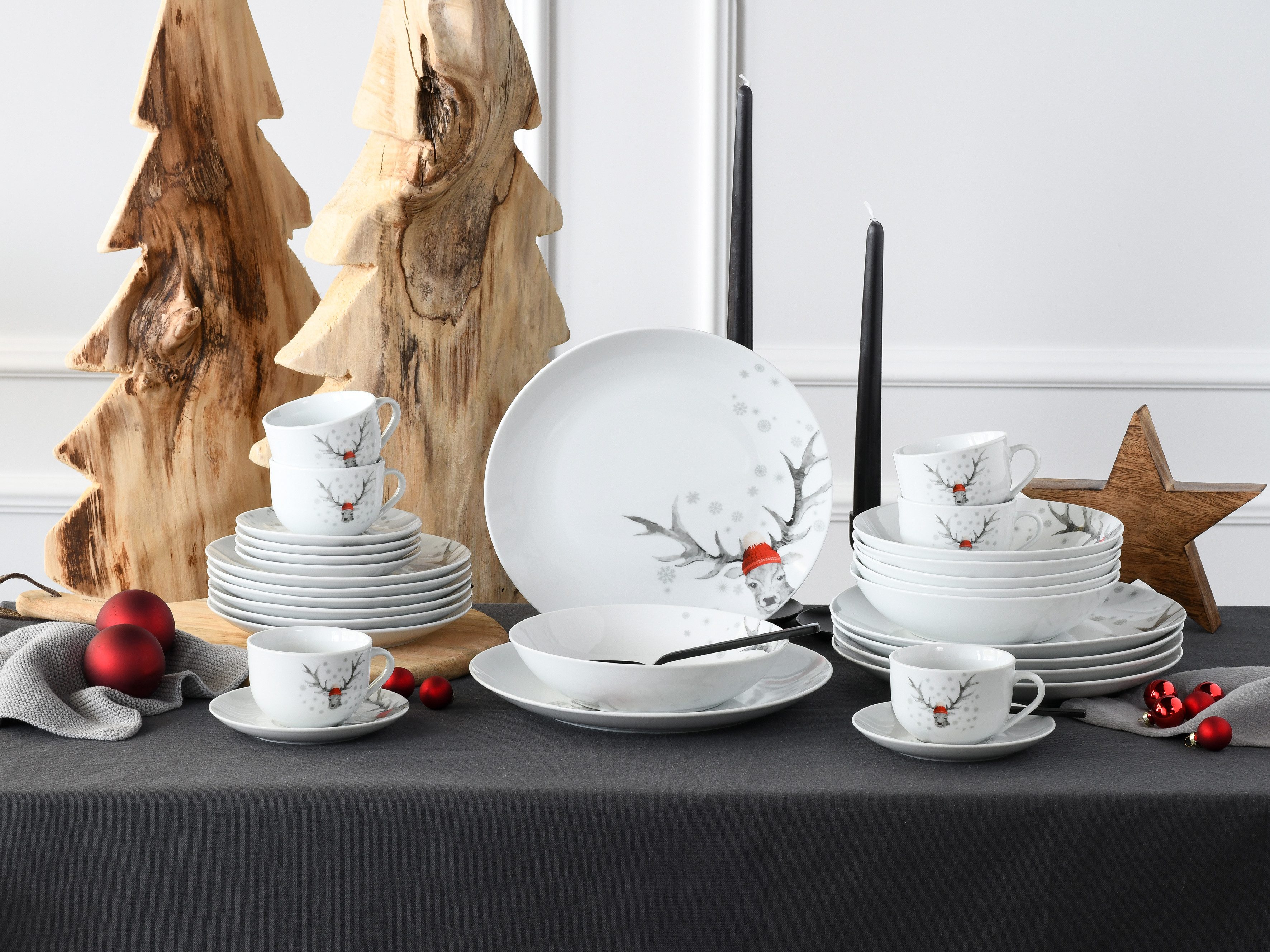 CreaTable Kombiservice Luna Hirsch (30-tlg), 6 Personen, Porzellan, winterliches Hirsch-Motiv