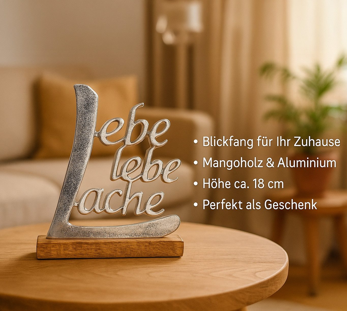 formano Dekofigur Schriftzug Lebe Liebe Lache Aluminium Mangoholz 18 x 14 cm Tischdeko