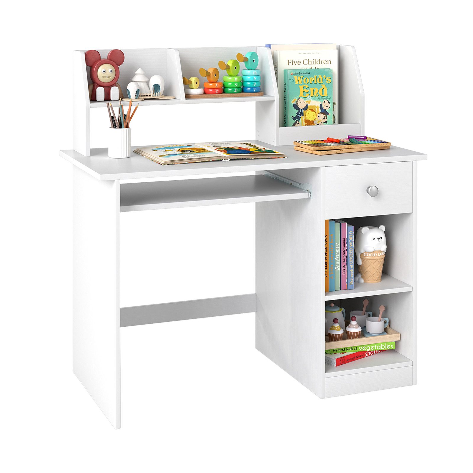 KOMFOTTEU Kindertisch, mit Stauraum, offenen Regalen, Tastaturfach und Schublade