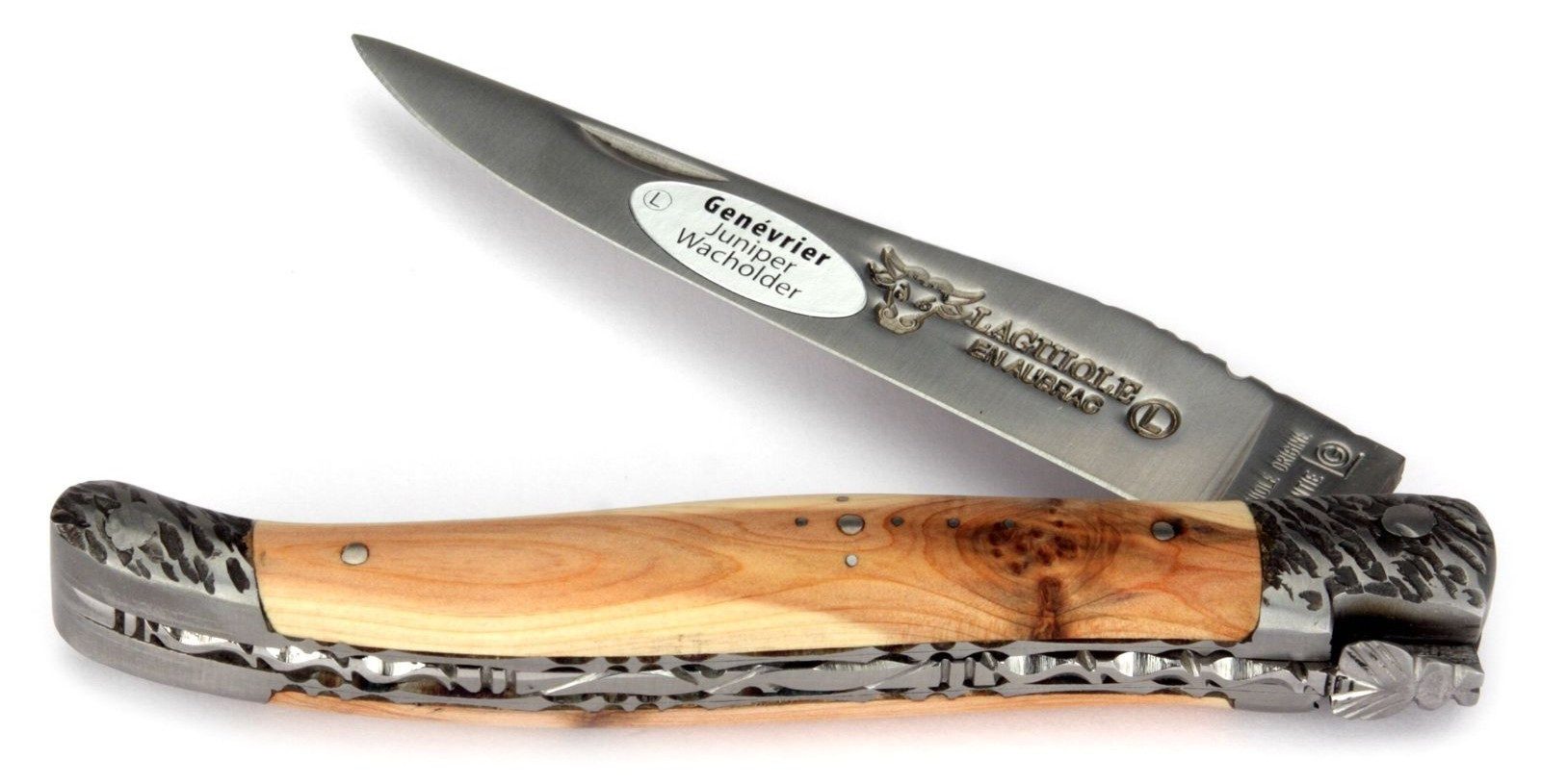 Laguiole en Aubrac Taschenmesser L0712GEMF, Griff 12cm Wacholder - Doppelplatine - Backen gehämmert - Stahl matt