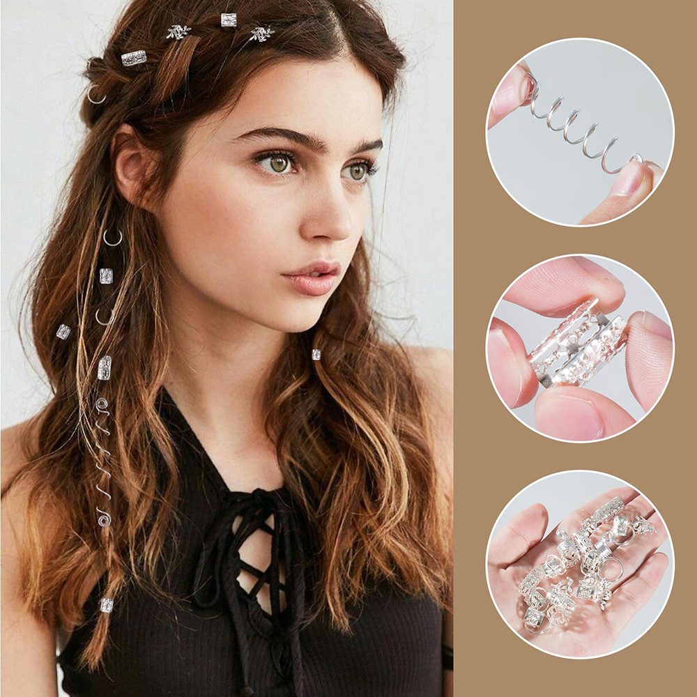 CLTYQ Haarklammer 100 Stück Dreadlocks Schmuck Haarschmuck Silber für Zöpfe, Verstellbar Cuffs Haarperlen Haarspiralen für Braids Zubehör Dekoration, 100-tlg., Verstellbar Cuffs Haarperlen Haarspiralen für Braids Zubehör