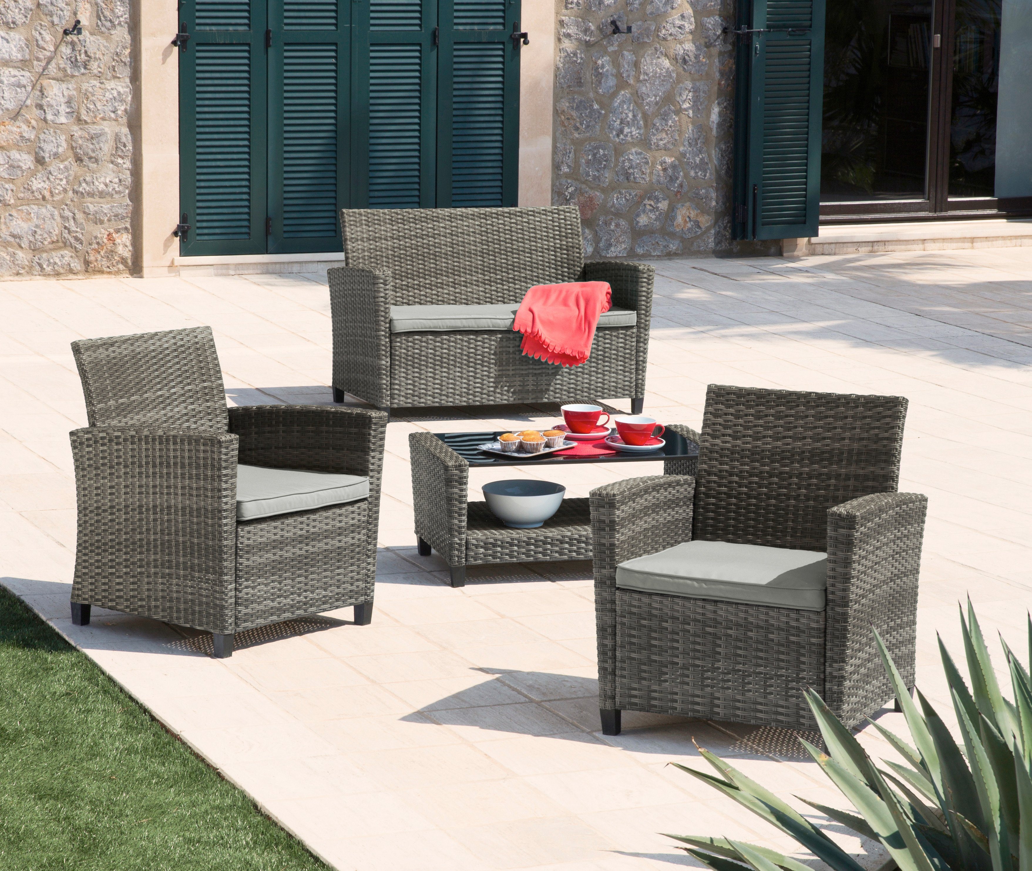 Loungeset »Porto«, 7-tlg., 2 Sessel, 2er-Sofa, Tisch 90x48 cm, Polyrattan Loungeset »Porto«, 7-tlg., 2 Sessel, 2er-Sofa, Tisch 90x48 cm, Polyrattan