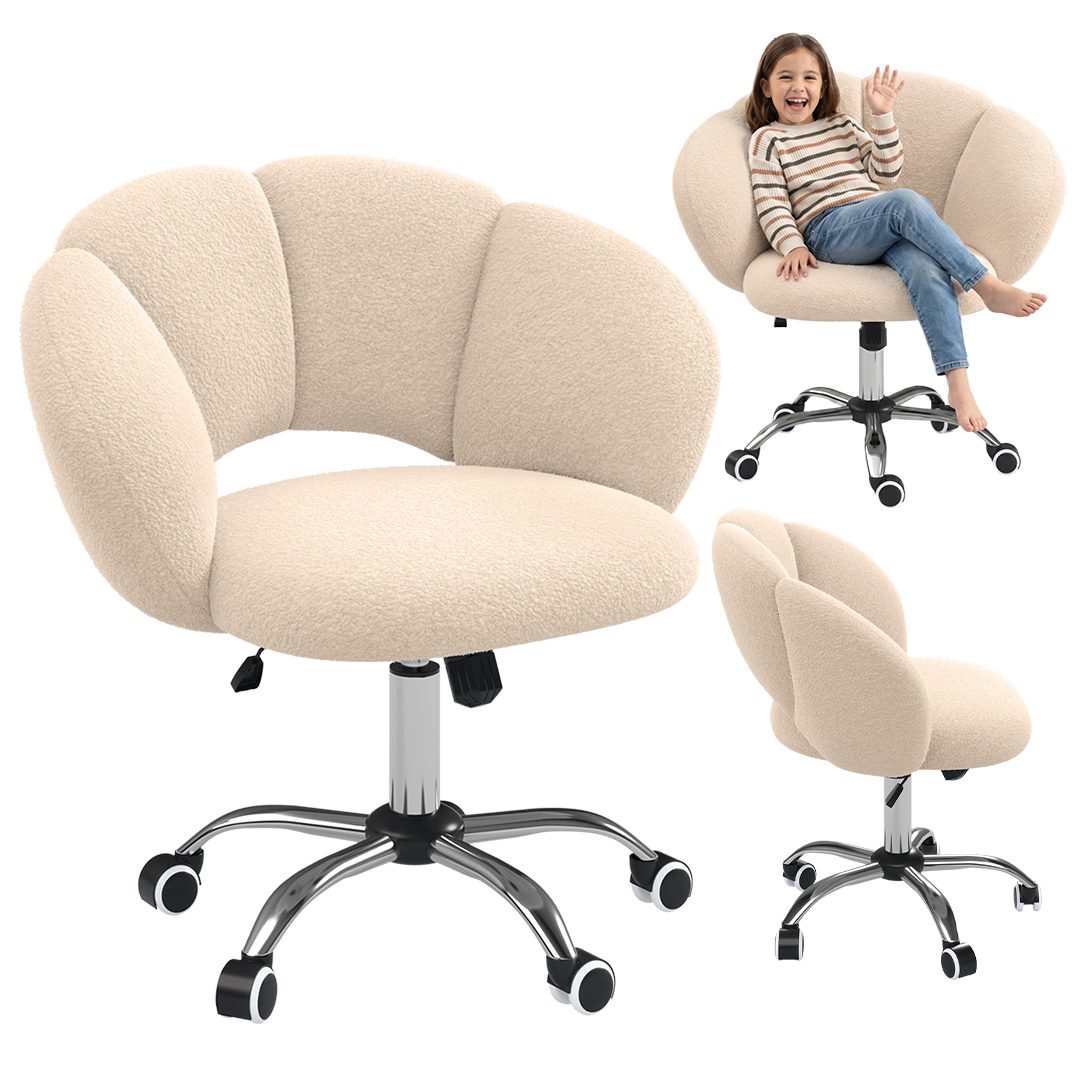 Bellabino Kinderstuhl Meli Kinderschreibtischstuhl 360° drehbar & höhenverstellbar (beige, Wolkenstuhl), weicher Teddy-Bouclé Stoff, Kinderschminktischstuhl mit 5 Rollen