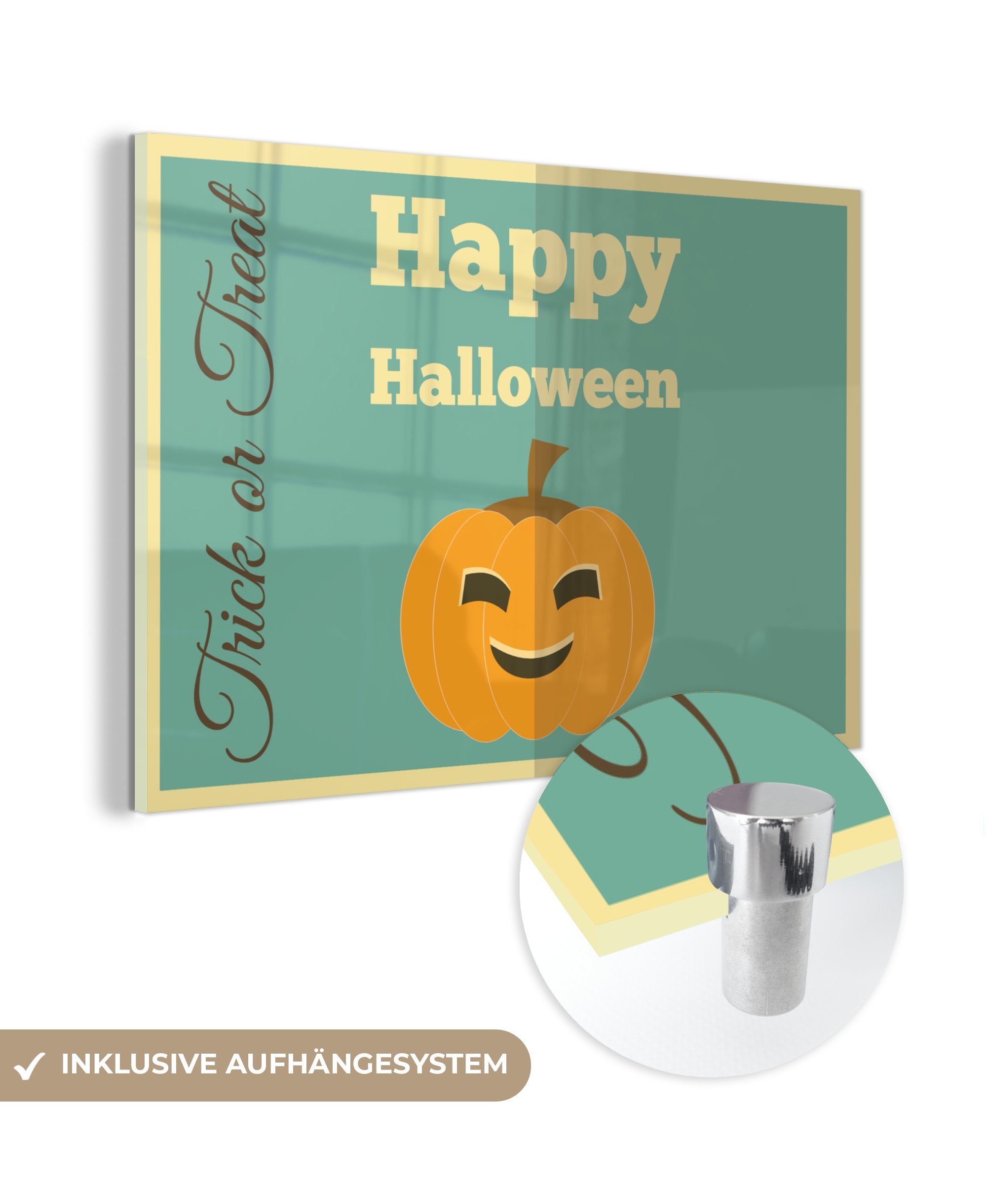 MuchoWow Acrylglasbild Happy Halloween mit einem Kürbis, (1 St), Acrylglasbilder Wohnzimmer & Schlafzimmer