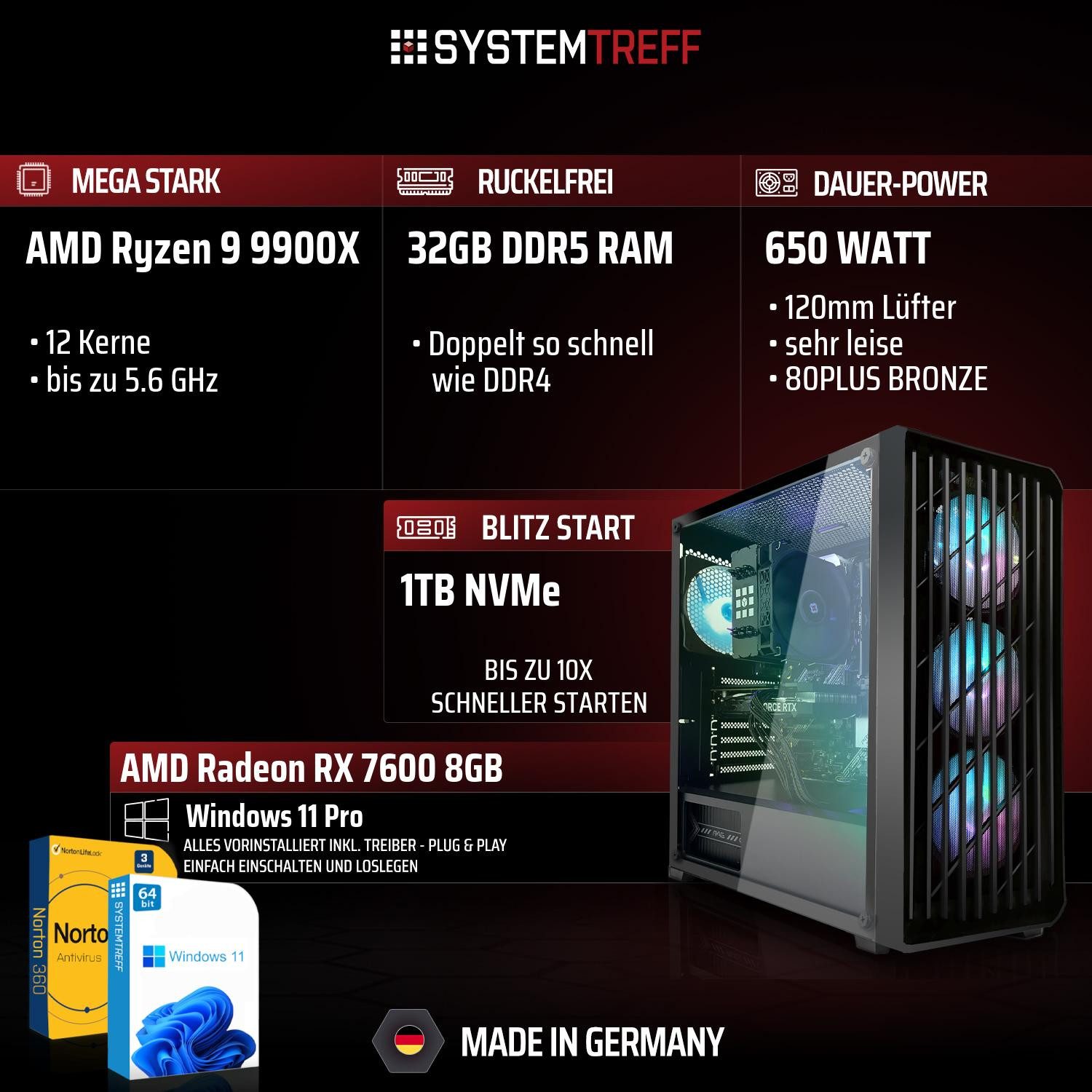 SYSTEMTREFF AMD Ryzen 9 9900X mit AMD Radeon RX 7600 8GB Gaming-PC (AMD 9900X 9900X, Radeon RX 7600, 32 GB RAM, 1000 GB SSD, Luftkühlung)