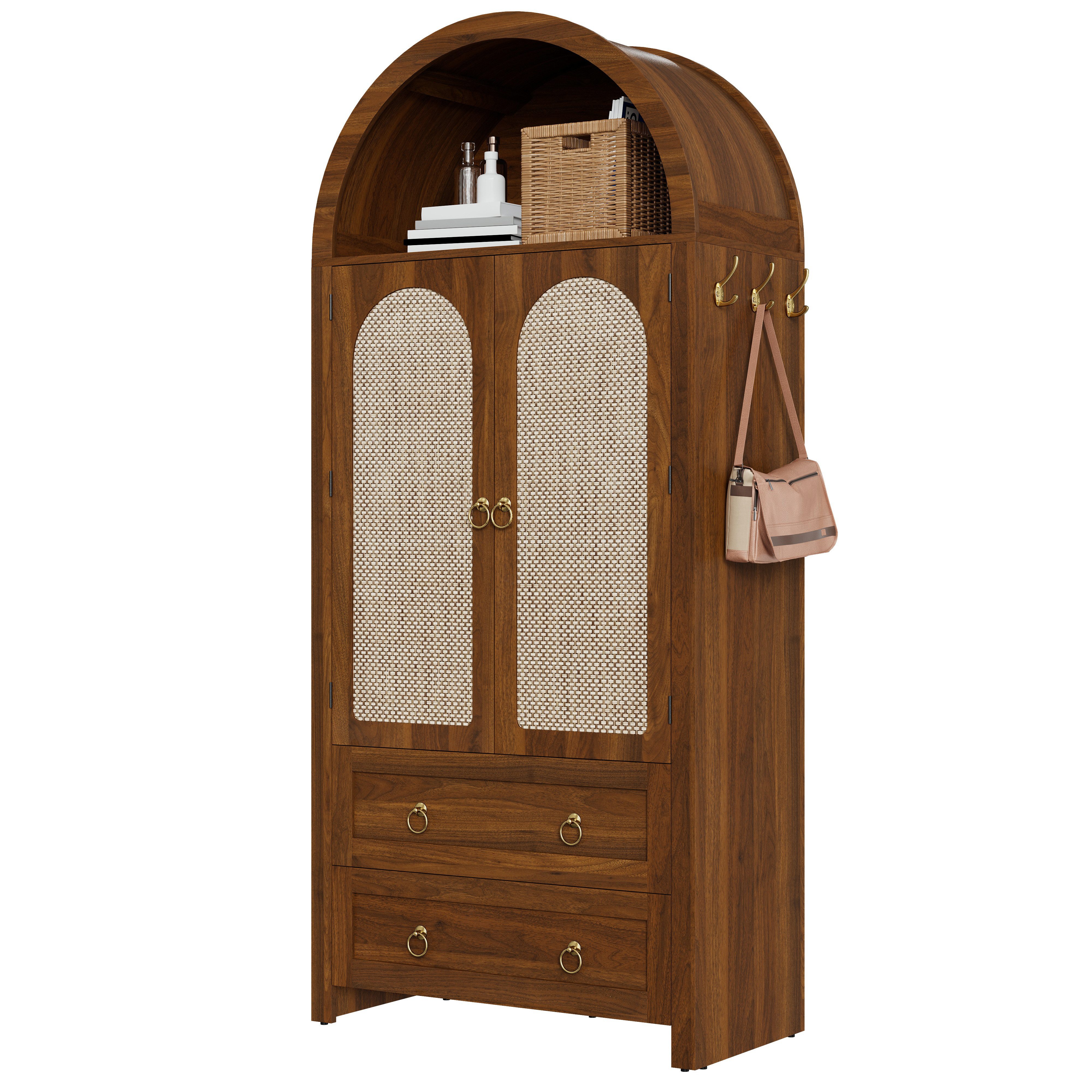 Merax Sideboard im Vintage-Rattan-Stil, Bogenförmiger Schrank (1 St., 80 L x 40 B x 180 H), Kommode mit 2 Türen, 2 Schubladen und Stauraum, Aufbewahrungsmöbel