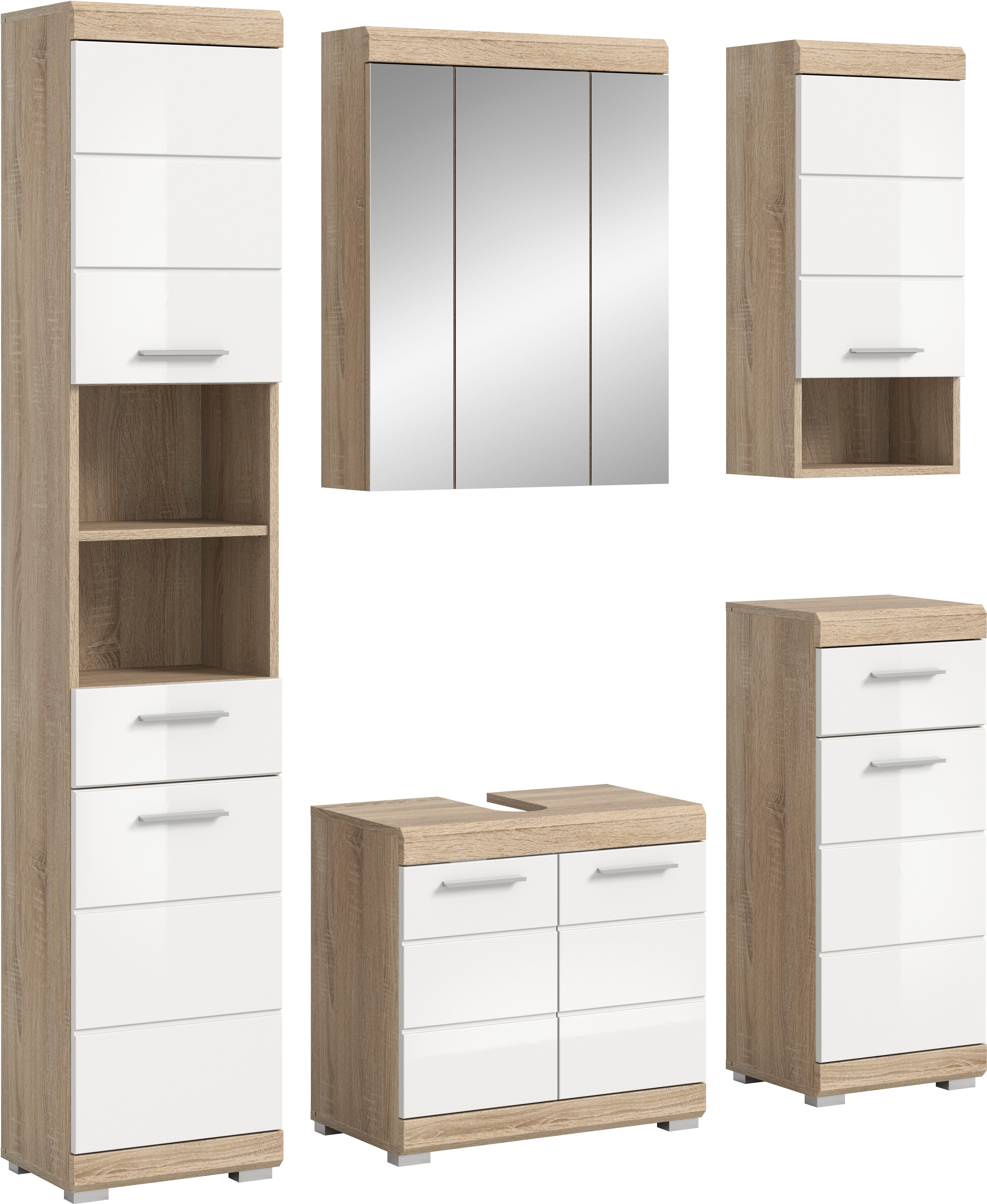 welltime Badmöbel-Set SIENA, 5 teilig, bestehend aus:, (Set, 5-St., TOPSELLER), Hochschrank, WBU, Spiegelschrank, Unterschrank, Hängeschrank