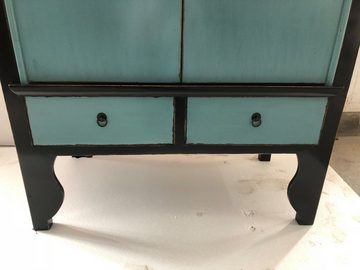 OPIUM OUTLET Kleiderschrank Hochzeitsschrank Schrank Kommode Hochkommode (Vintage-Stil Landhaus Shabby-Chic Antik-Stil, Hochschrank chinesisch asiatisch orientalisch) blau-schwarz; Breite 105 cm; Höhe 175 cm; Tiefe 55 cm