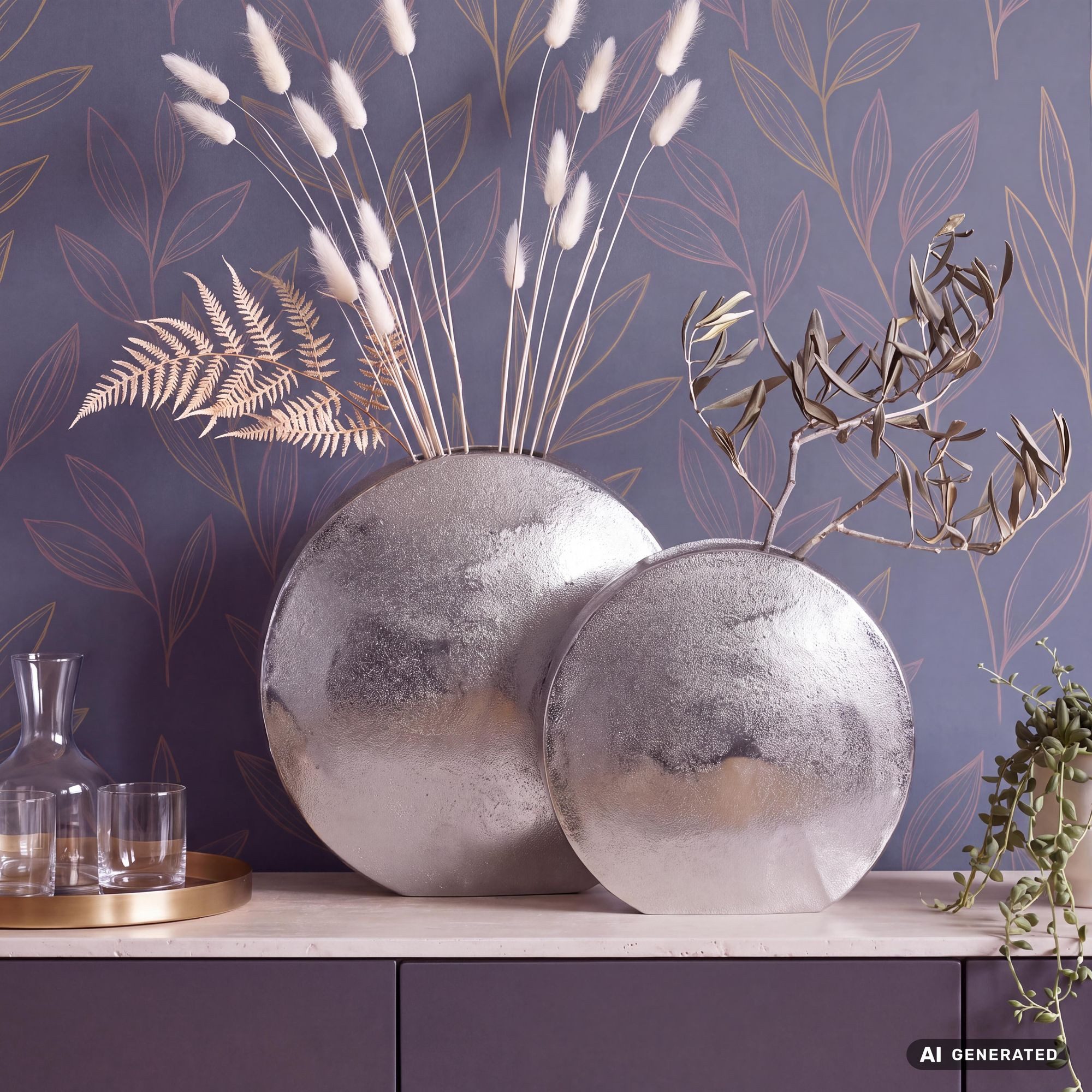 FINEBUY Tischvase FB65102 Vase 2er Set Blumenvase Aluminium Dekovase Modern Rund (Dekovase Rund 2-teilig für Blumen Alu Tischvase), 2er Set Aluminium Silber Blumenvase