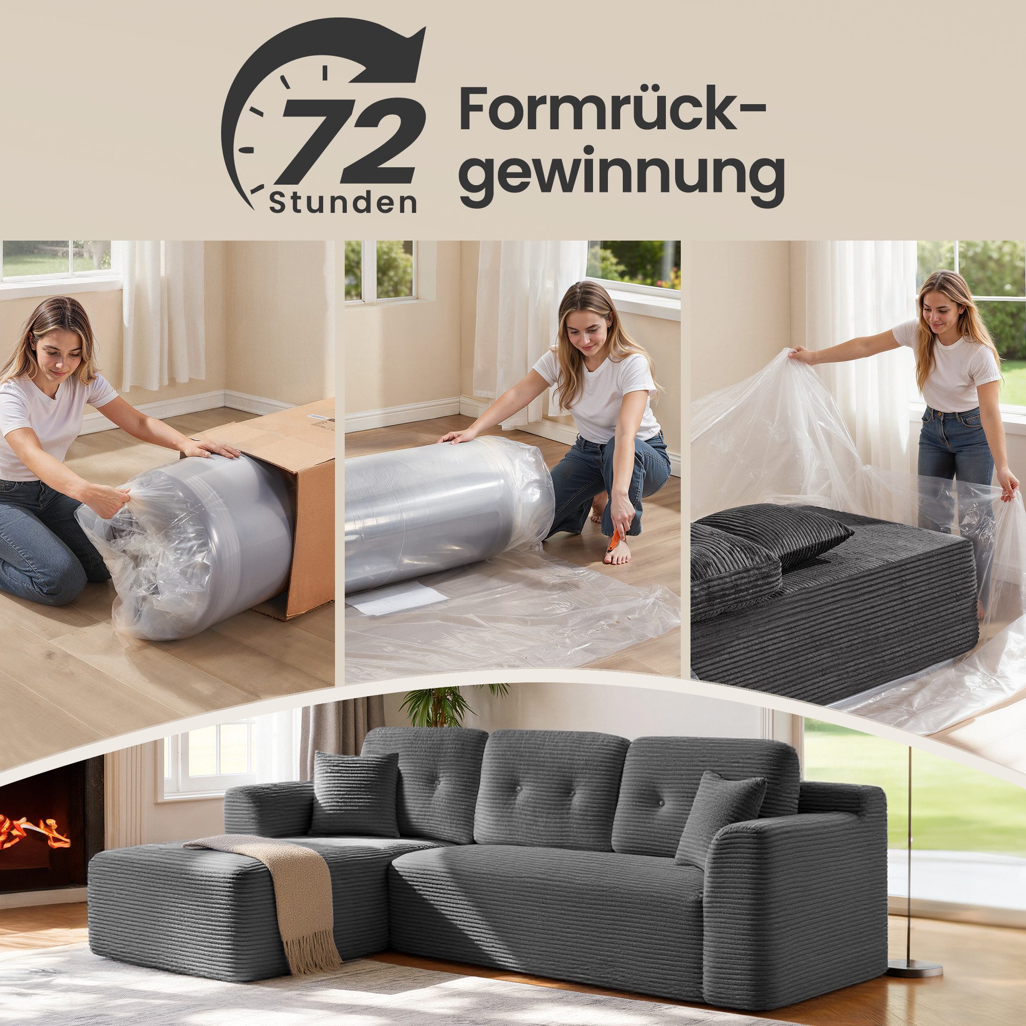 VASAGLE Ecksofa modulares Sofa 244 cm breit vakuumverpackt, Schlafsofa, keine Montage erforderlich, mit großer Chaiselongue