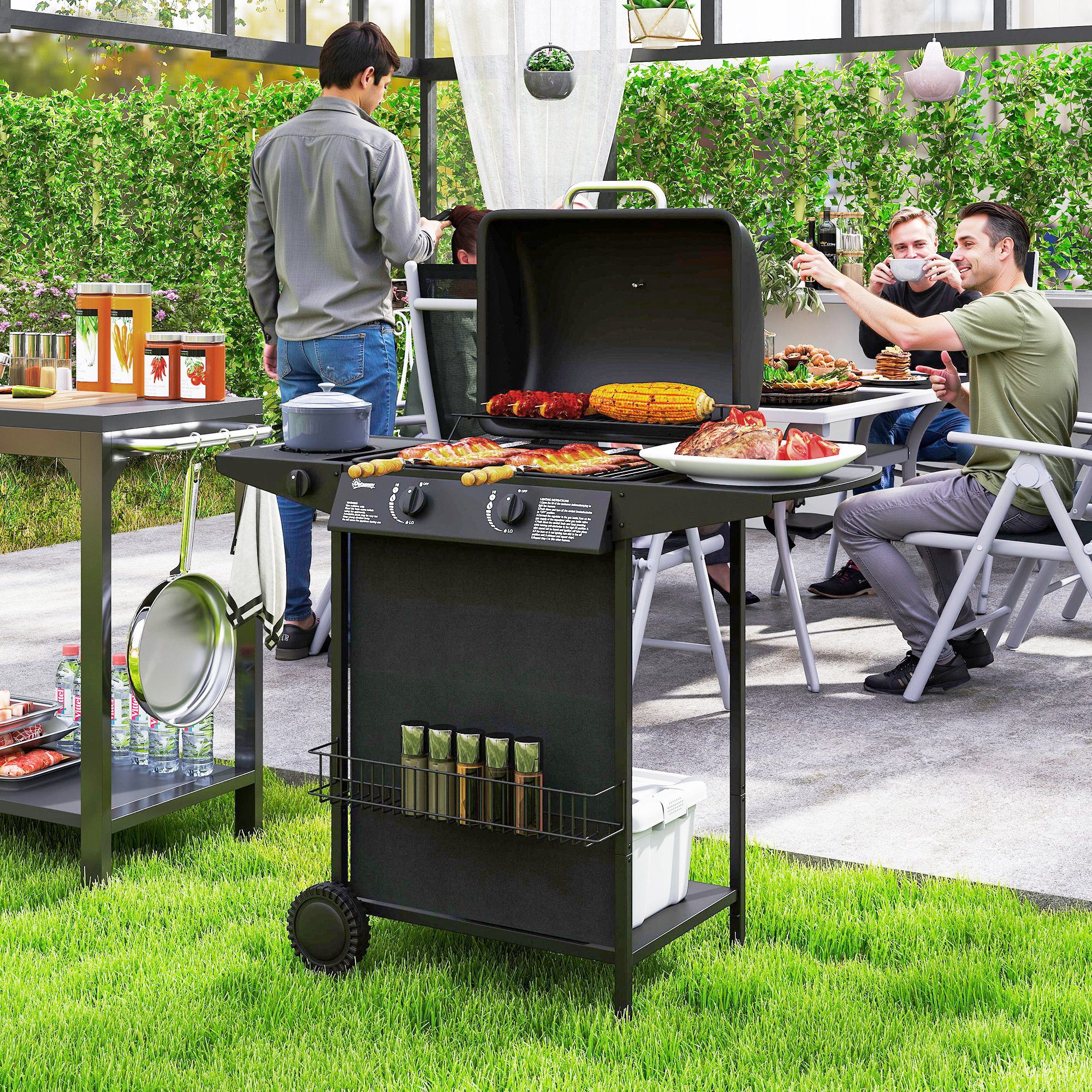 Outsunny Gasgrill mit 3 Brenner Seitenkocher, Rolle, Druckminderer, Deckel, Gasschlauch, BBQ Gartengrill, 7 KW Grillwagen, mit Thermometer Seitenablagen, für Balkon, Grill 107 x 54 x 96 cm