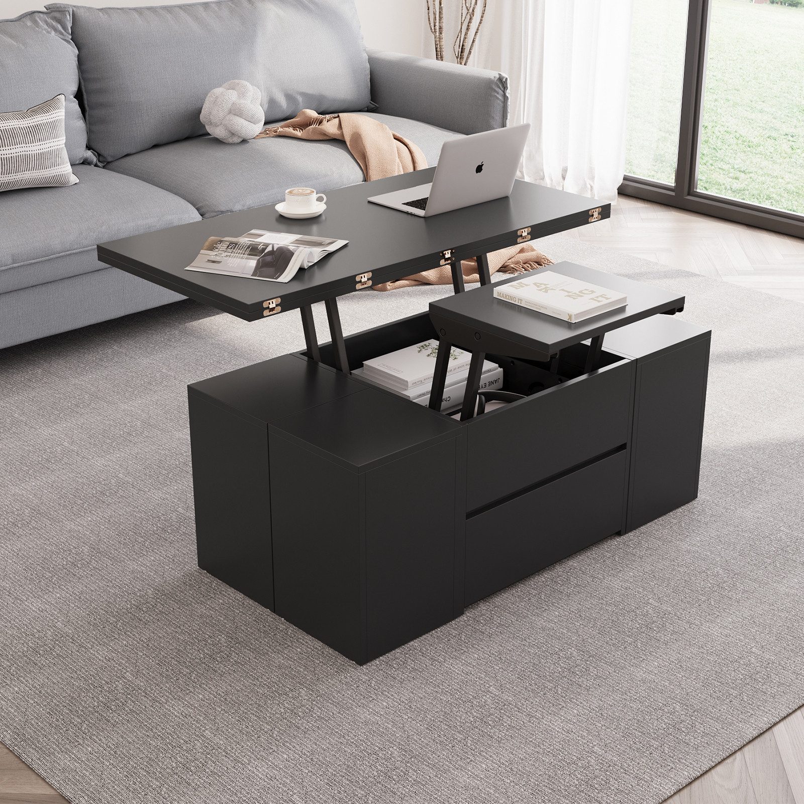 VOWNER Couchtisch Höhenverstellbarer, 4-in-1 Mehrzweckcouchtisch, 4 Stühle, Schwarz