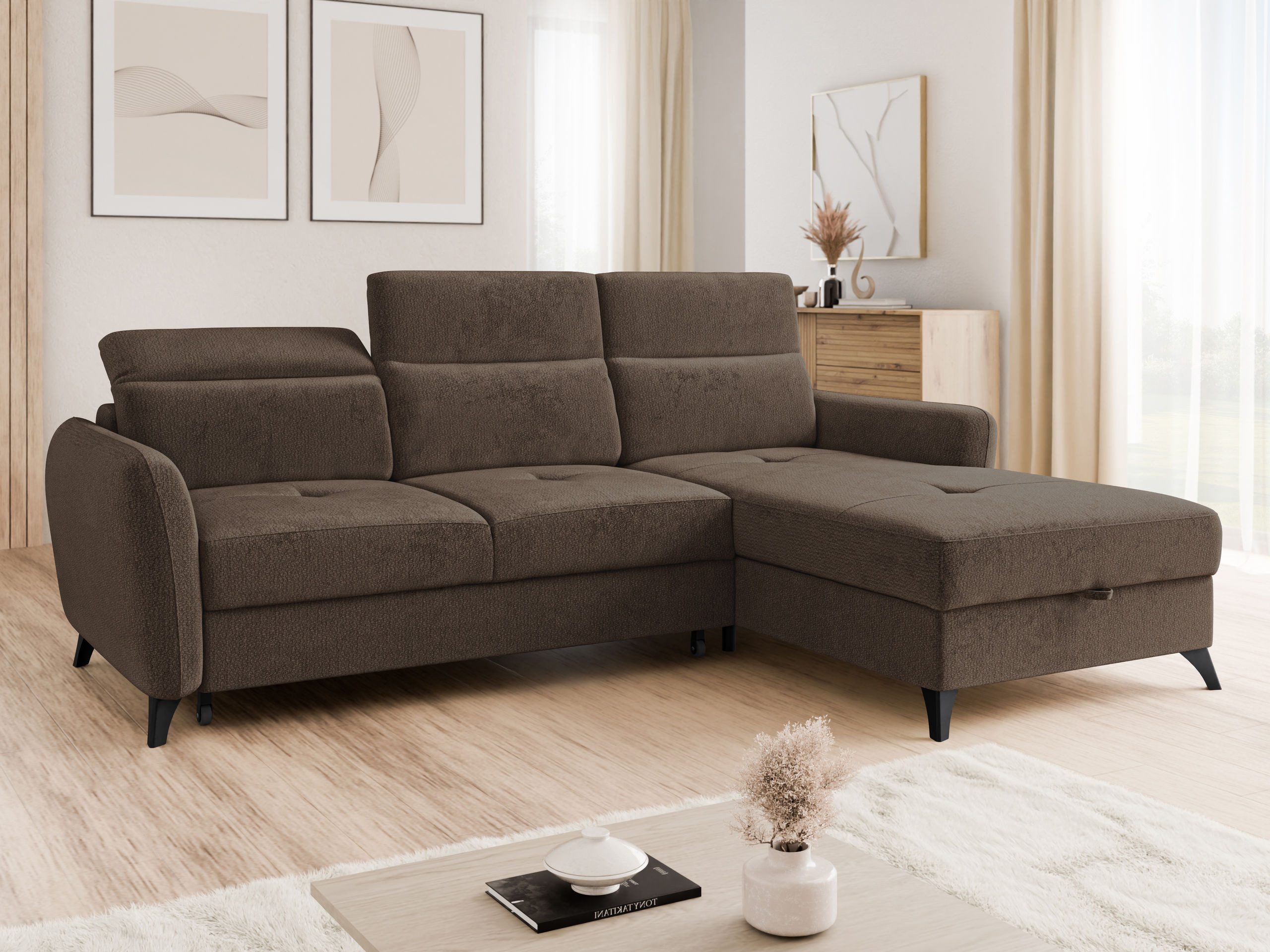 MIRJAN24 Ecksofa Talia, mit Bettkasten und Schlaffunktion, Einstellbare Kopfstützen, Metallfüße