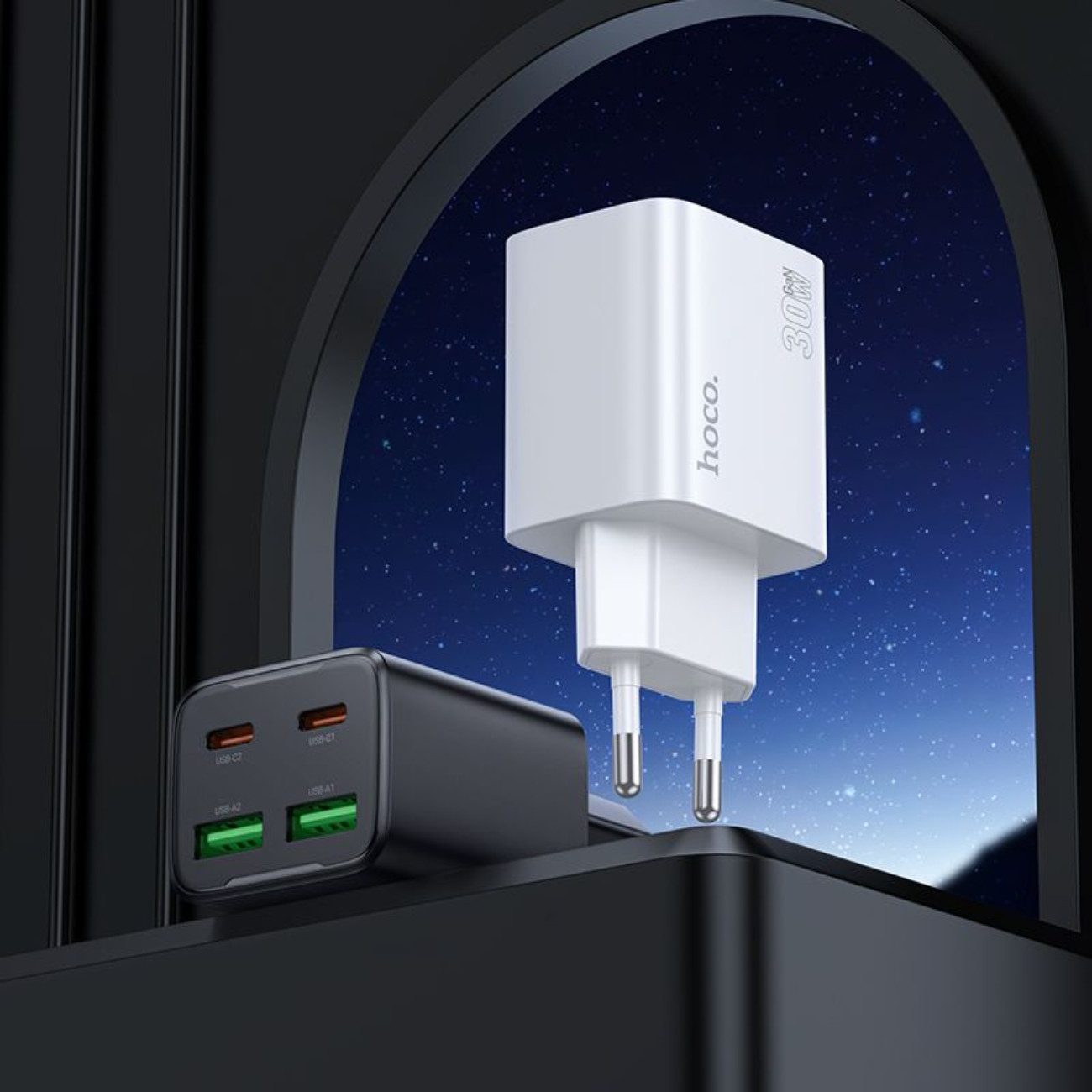 hoco. N56 USB-Ladegerät (3000 mA, Einzelartikel, Inklusive 1 m USB-C-auf-USB-C-Kabel, PD + QC3.0 Schnellladen, 30W, 4 Anschlüsse, inkl. Kabel)