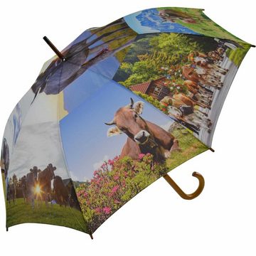 HAPPY RAIN Langregenschirm großer Regenschirm mit Handöffner für Damen, mit Holzgriff und Alpenkuh-Motiv