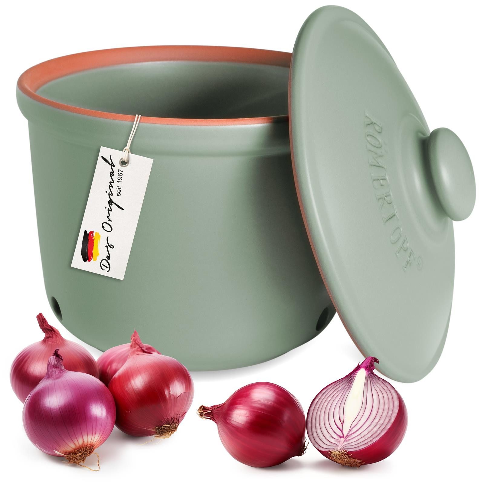 RÖMERTOPF Vorratsdose Frische-Topf MAXI - Zwiebeln Aufbewahrung 2,8 Liter Grün, Keramik, (Set), aus Naturton