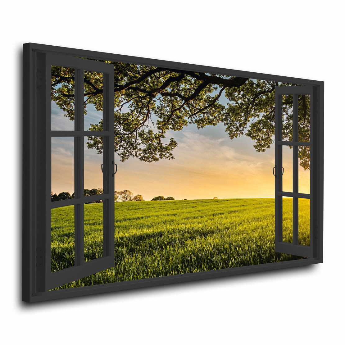 Artedinoi Leinwandbild Fensterblick grüne Wiese Baum Abendsonne Natur Leinwandbild Wandbild, Fensterblick auf Wiese