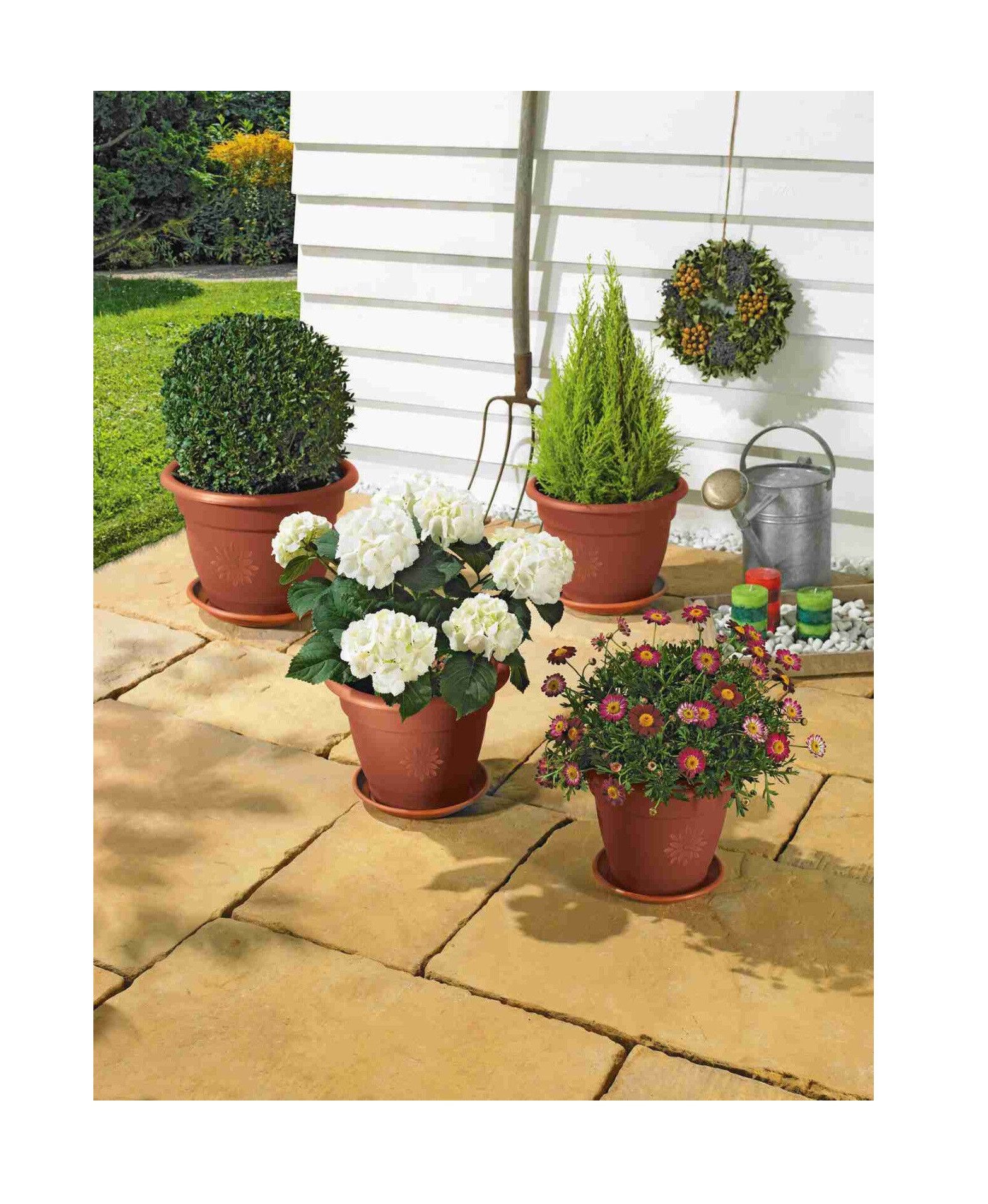 ALPFA Blumentopf Set Sydney terracotta inkl. Untersetzer Blumenkübel Blumentöpfe (Spar-Set, 8 St., 4er-Set), aus witterungs- und UV-beständigem Kunststoff