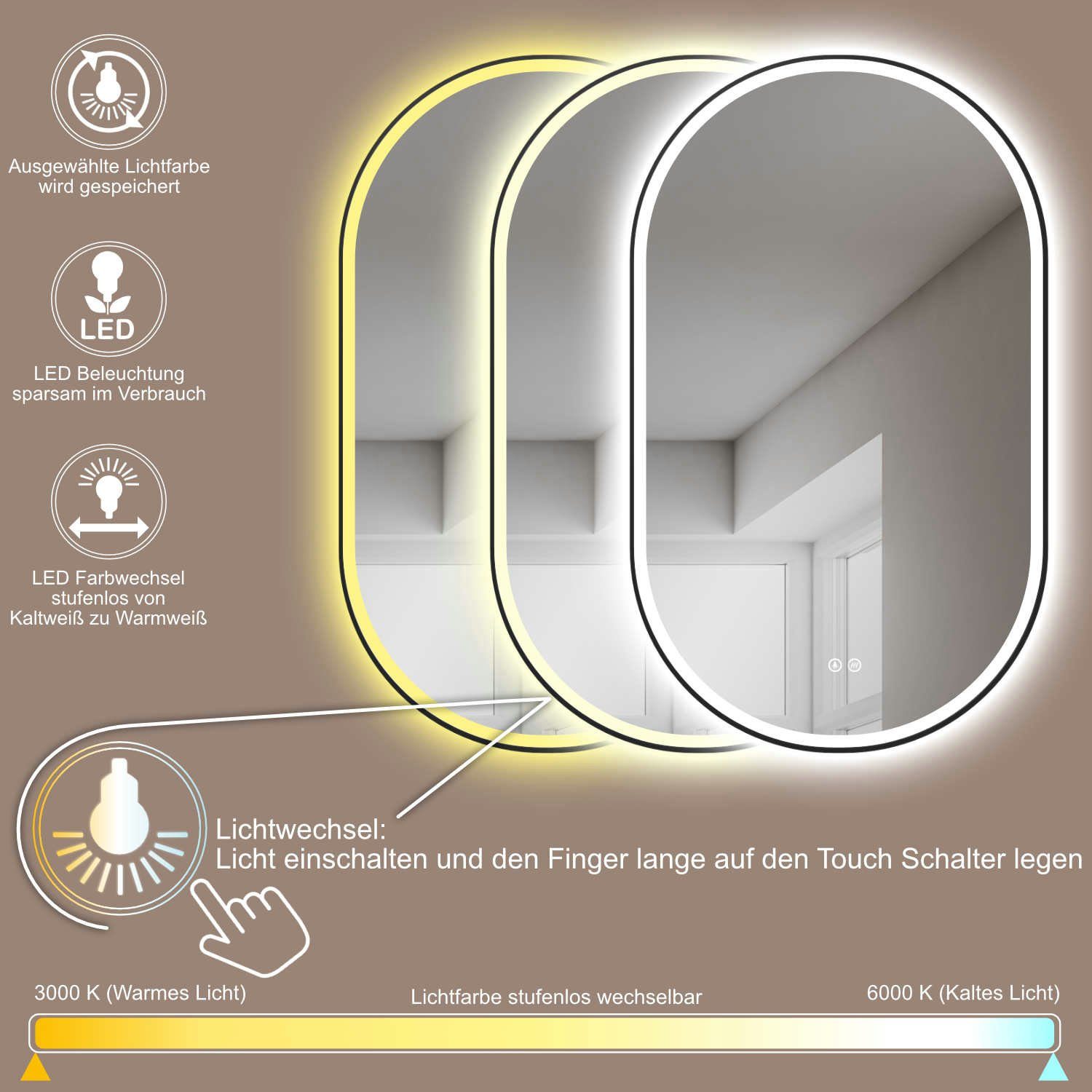 HOKO Badspiegel LED Design Antibeschlag Wandspiegel Oval + LED Wechsel (Warmweiß - Kaltweiß - Neutral. Licht mit Touch Schalter und mit Wandschalter einschaltbar. Memory-Funktion.IP44, 4mm HD Glass)