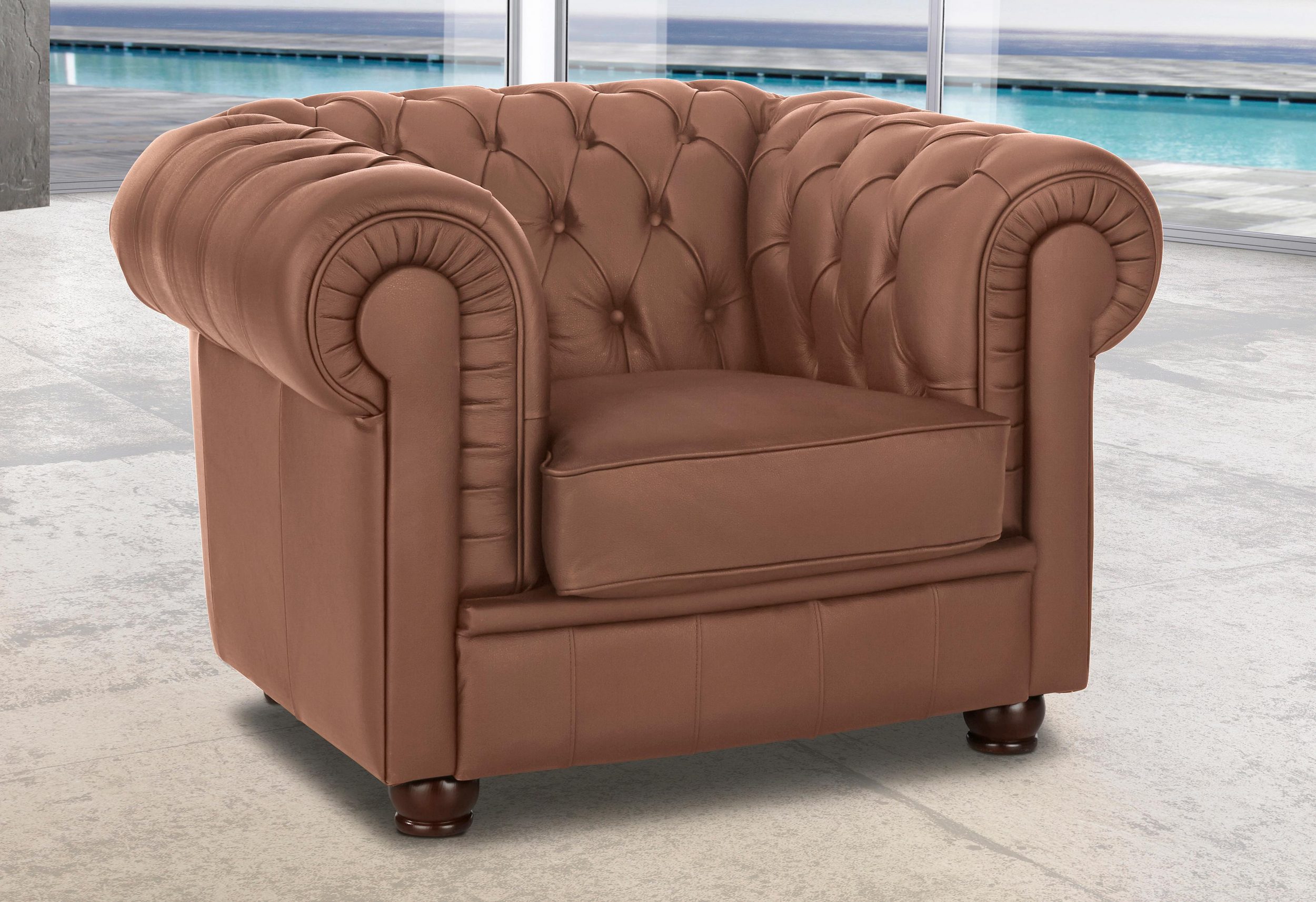 MAX WINZER Chesterfield Sessel KENT, in LUXUS-Kunstleder braun