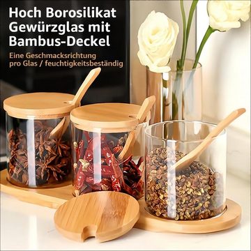 MULISOFT Salzbehälter, Glas, Bambus, (3er Set 300+300+300ml Gewürzbehälter, Gewürzgläser), mit Bambuslöffel, Bambusdeckel und Bambustablett