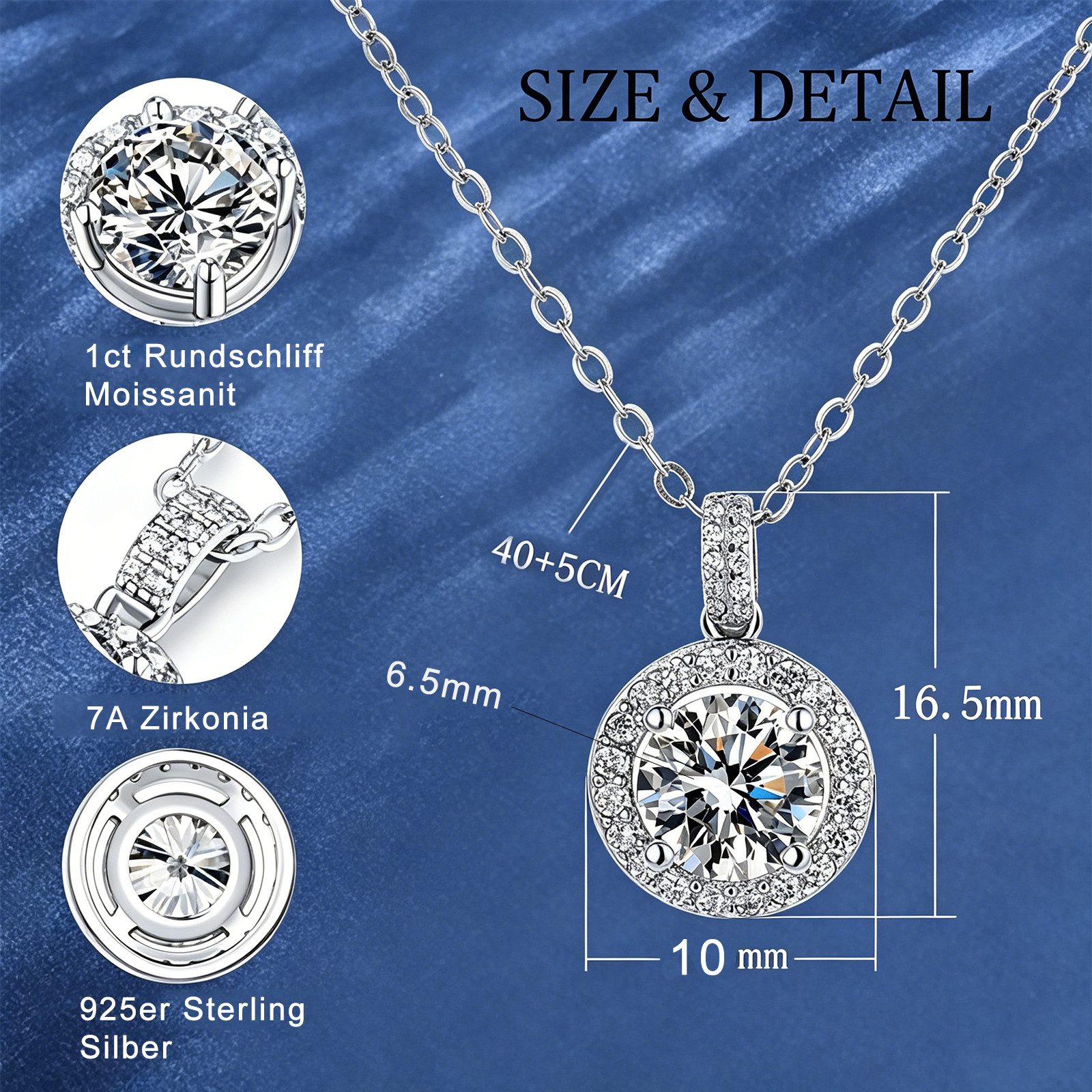 MOPUEA Silberkette 1 Karat Moissanit Silberkette 925 Silber Damen Schmuck (Schmuckset, 925 Silber Halskette mit 1 Karat Moissanit Anhänger), Hypoallergen, glänz – Bild 2 von 5