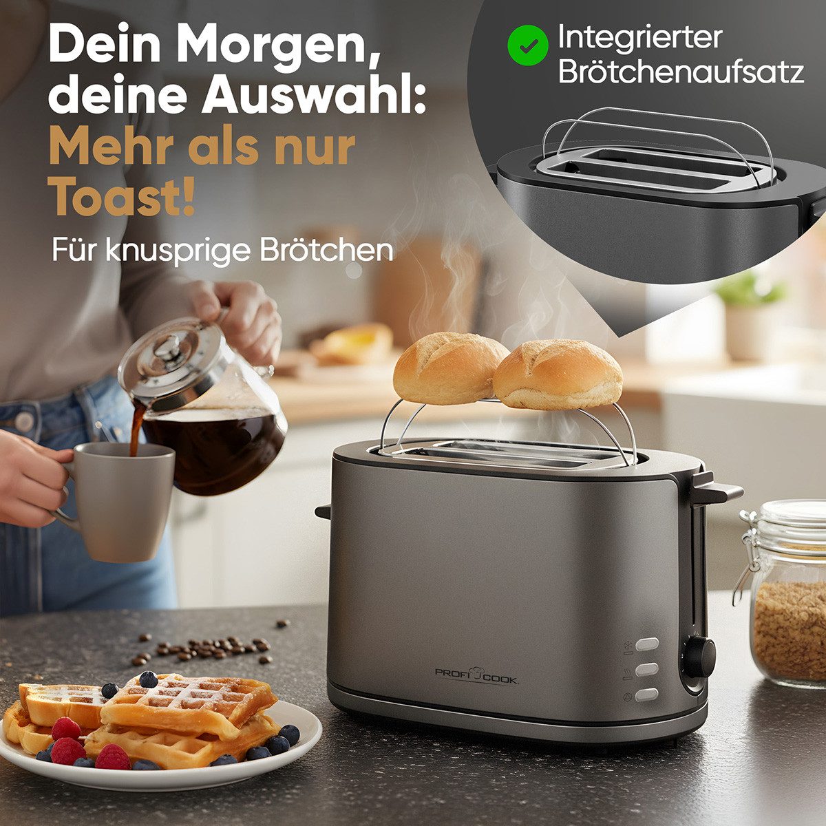 ProfiCook Toaster PC-TA 1291, Toaster 2 Scheiben mit Brötchenaufsatz, 900W