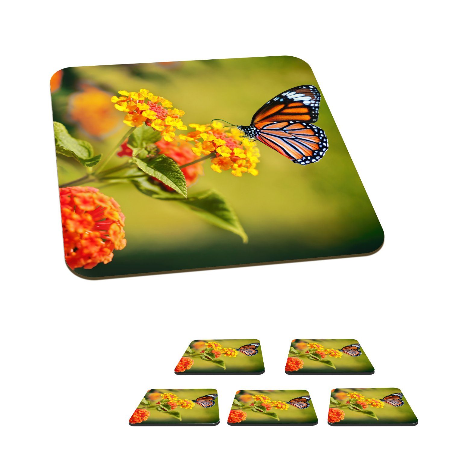 MuchoWow Glasuntersetzer Schmetterling - Insekten - Blumen - Gelb, Zubehör für Gläser, 6-tlg., Glasuntersetzer, Tischuntersetzer, Korkuntersetzer, Untersetzer, Tasse