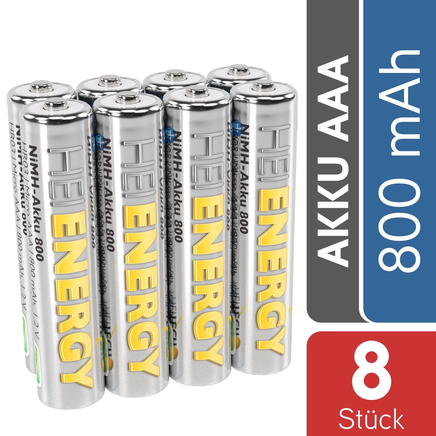 HEITECH »AAA Akku Micro 800 mAh 1,2V NiMH 8 Stück - Wiederaufladbare ...