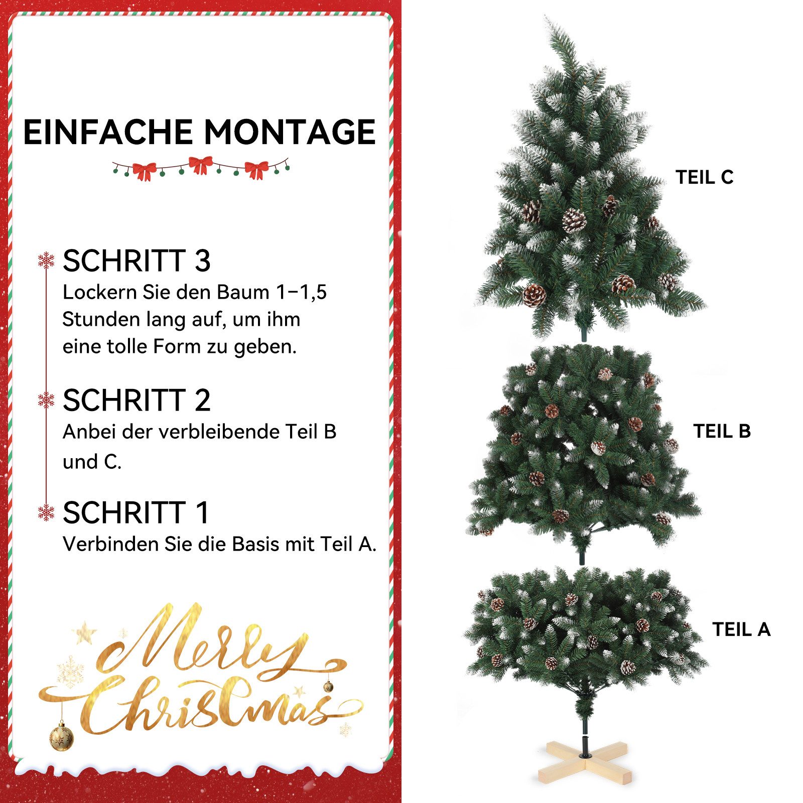 oyajia Künstlicher Weihnachtsbaum Künstlicher Weihnachtsbaum aus PVC,mit Schnee-Effekt, Holzständer, Christbaum Künstlich, Schwer entflammbarer Tannenbaum Künst – Bild 3 von 5