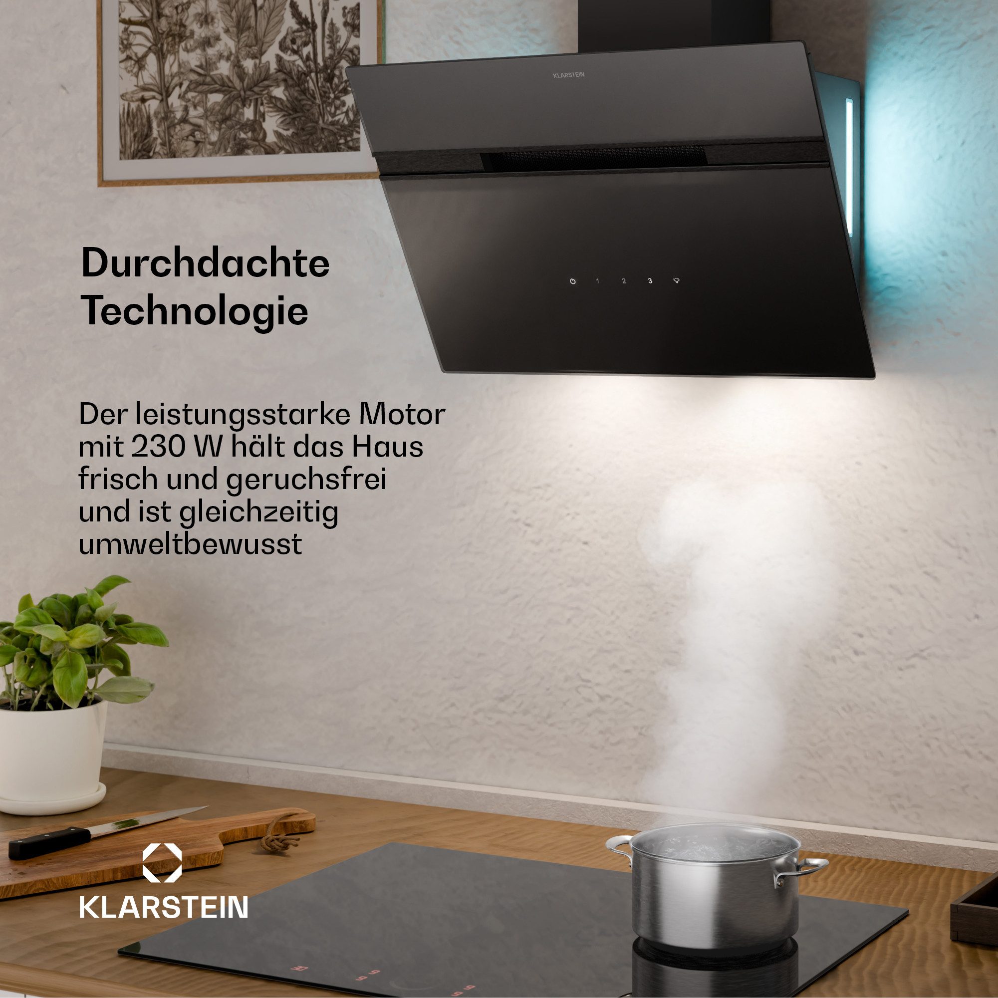 Klarstein Deckenhaube Alina 60 Serie Alina 60 Dunstabzugshaube 60 cm 600 m³/h Umluft LED 9 Farben Abzugshaube Küche Abzughaube Abluft mit Touch & 9 Farben – Bild 3 von 5