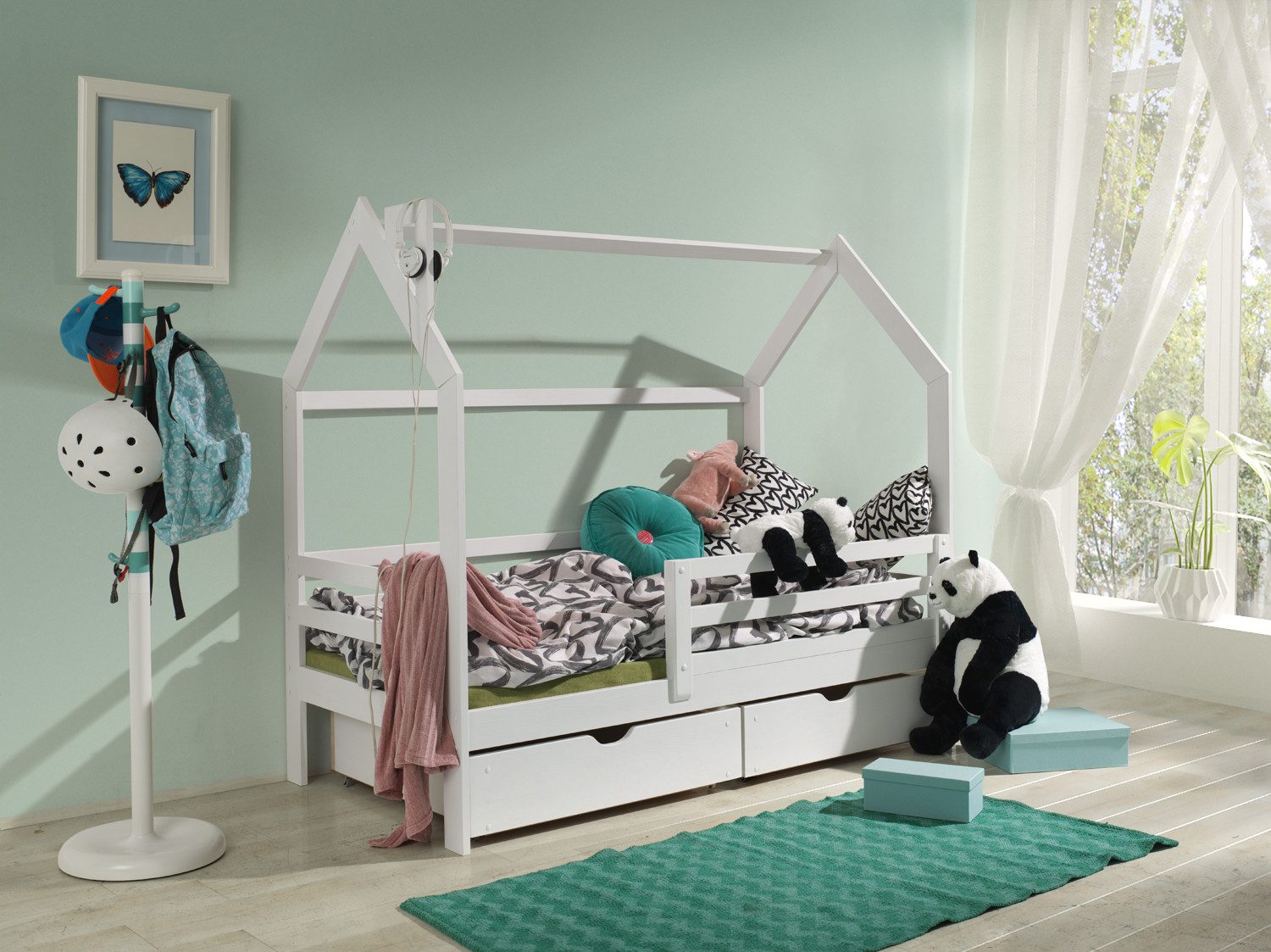 Kinderbett Hausbett Jugendbett mit 2 Schubladen mit abnehmbaren Rausfallschutz
