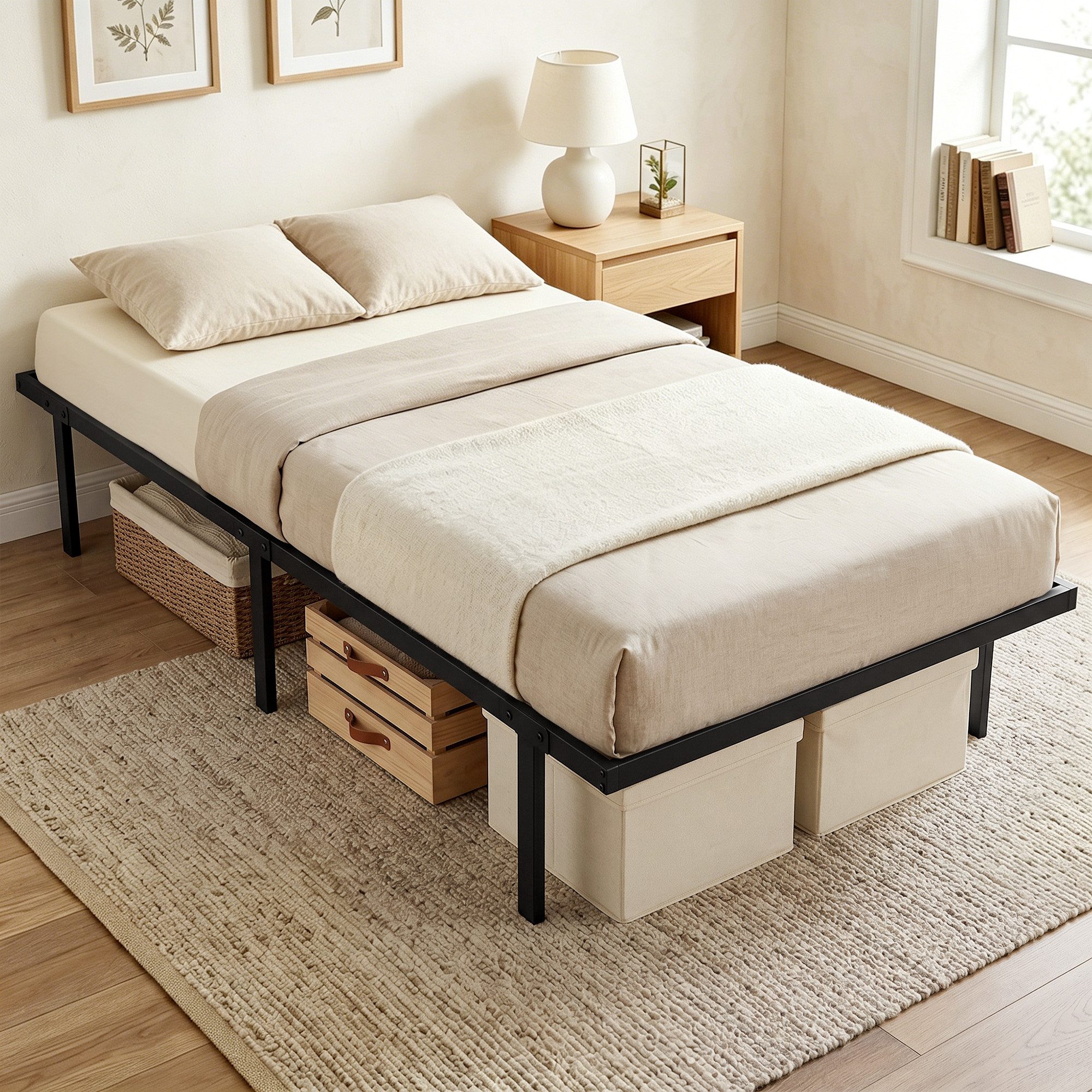 MODFU Bettgestell Robustes Metallgestell für moderne Schlafzimmer (Packung, 1-tlg., Bequeme Liegefläche ohne Boxspring-Unterbau nutzbar), Bett 90x200 cm aus Metall mit Lattenrost und Stauraum, ohne Matratze