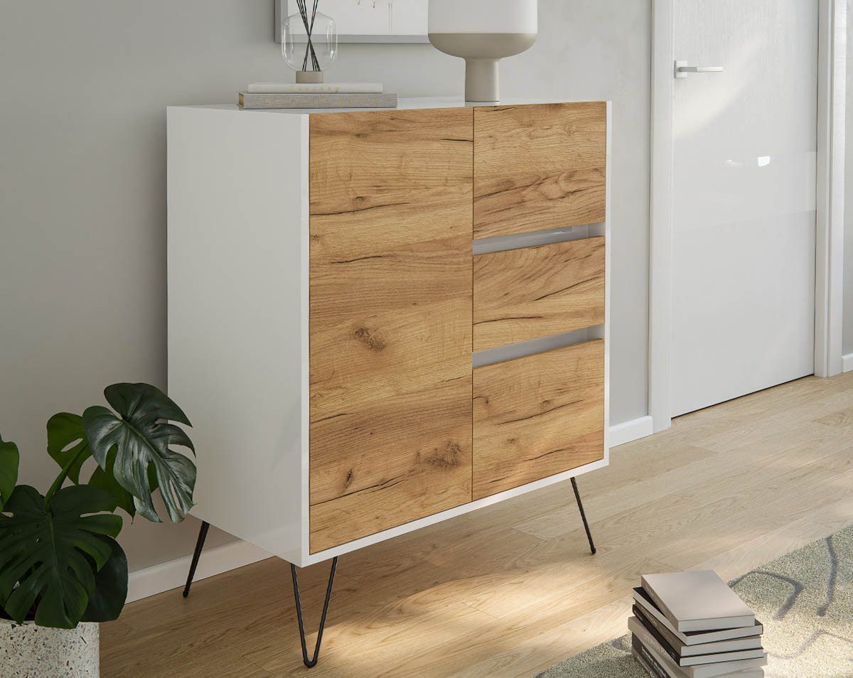 Posseik Waschtisch-Set Sideboard FAVIER 80 x 94cm, 3 Schubladen 1 Tür, weiß-eiche, (Sideboard, 1-St., Sideboard)