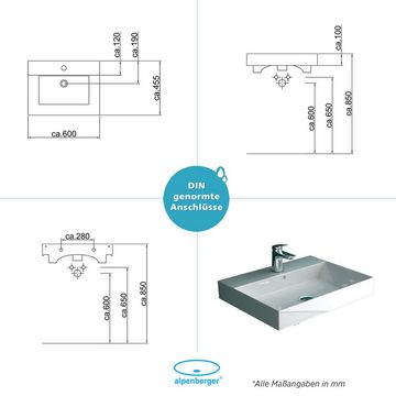 Alpenberger Aufsatzwaschbecken Keramik Waschbecken 60 cm Breit Handwaschbecken (1-tlg., 1-St., Badwaschbecken), Waschtisch als Hängewaschbecken geeignet, mit Überlaufschutz