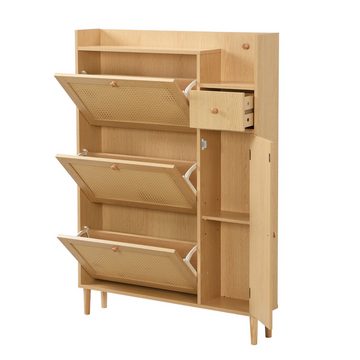 REDOM Schuhschrank aus Rattan (Schuhschrank mit 3 Kipp-Türen und 1 Schublade) Maße: B90/H125/T17 cm