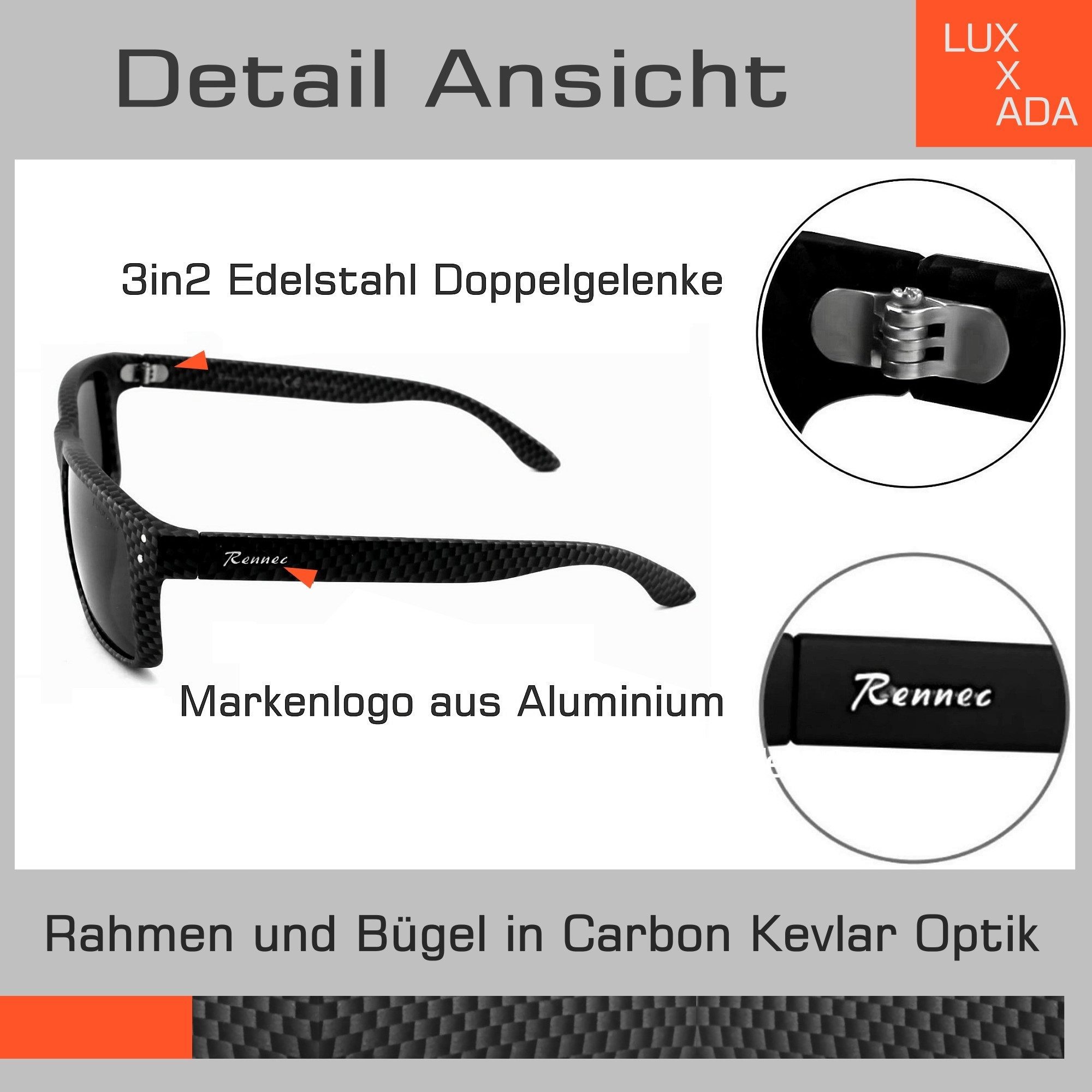 Rennec Sonnenbrille Herren Polarisiert Rechteckig Carbon Optik mit Hardcase Gläser UV400 Getönt oder Verspiegelt, Edelstahl Bügelgelenke 3in2 – Bild 4 von 5