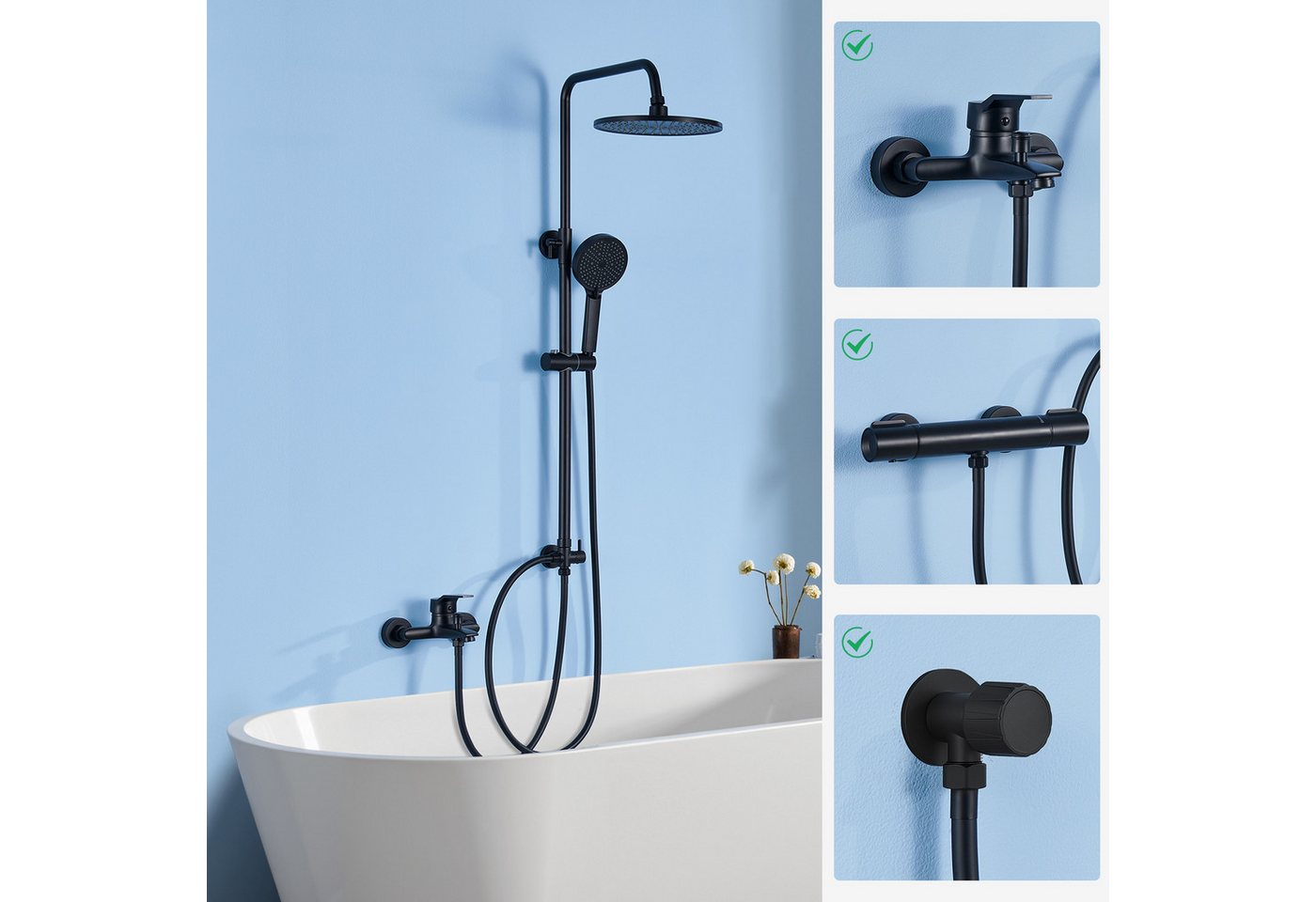 Thumbnail - DERW MAX Duschsystem ohne Armatur Duschsäule für kleine Badezimmer Edelstahl, Höhe 112 cm, 2 Strahlart(en), duschsystem ...