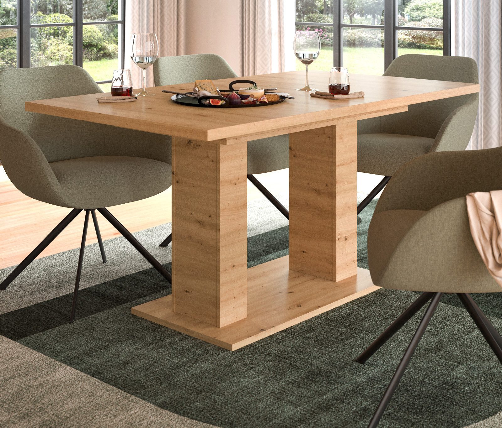 Inn.Furn Säulen-Esstisch Home-X (Küchentisch in Eiche Artisan, ausziehbar 150 - 190 cm, bis 8 Personen), mit stabiler Doppel-Säule