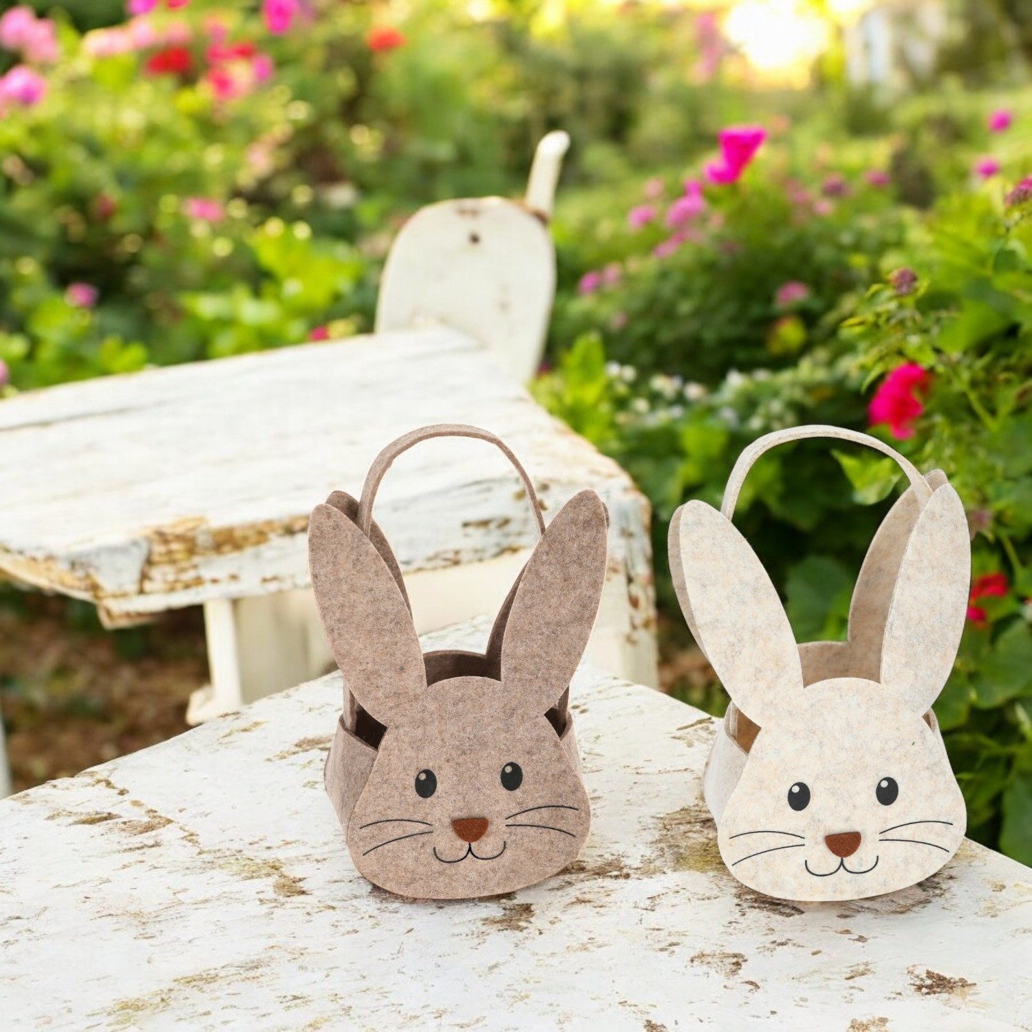 Macosa Home Osternest Oster-Geschenkkorb 2er Set Hase Filz Braun Beige Osterkorb, Ostertasche mit Henkel Filzkorb Osternest